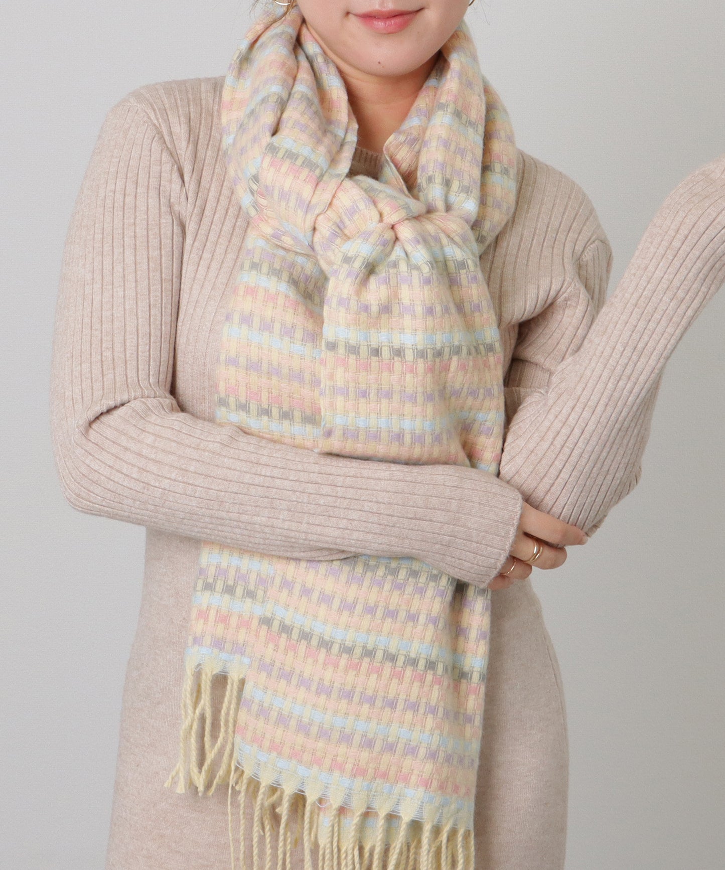 配色 チェック フリンジ ニット マフラー