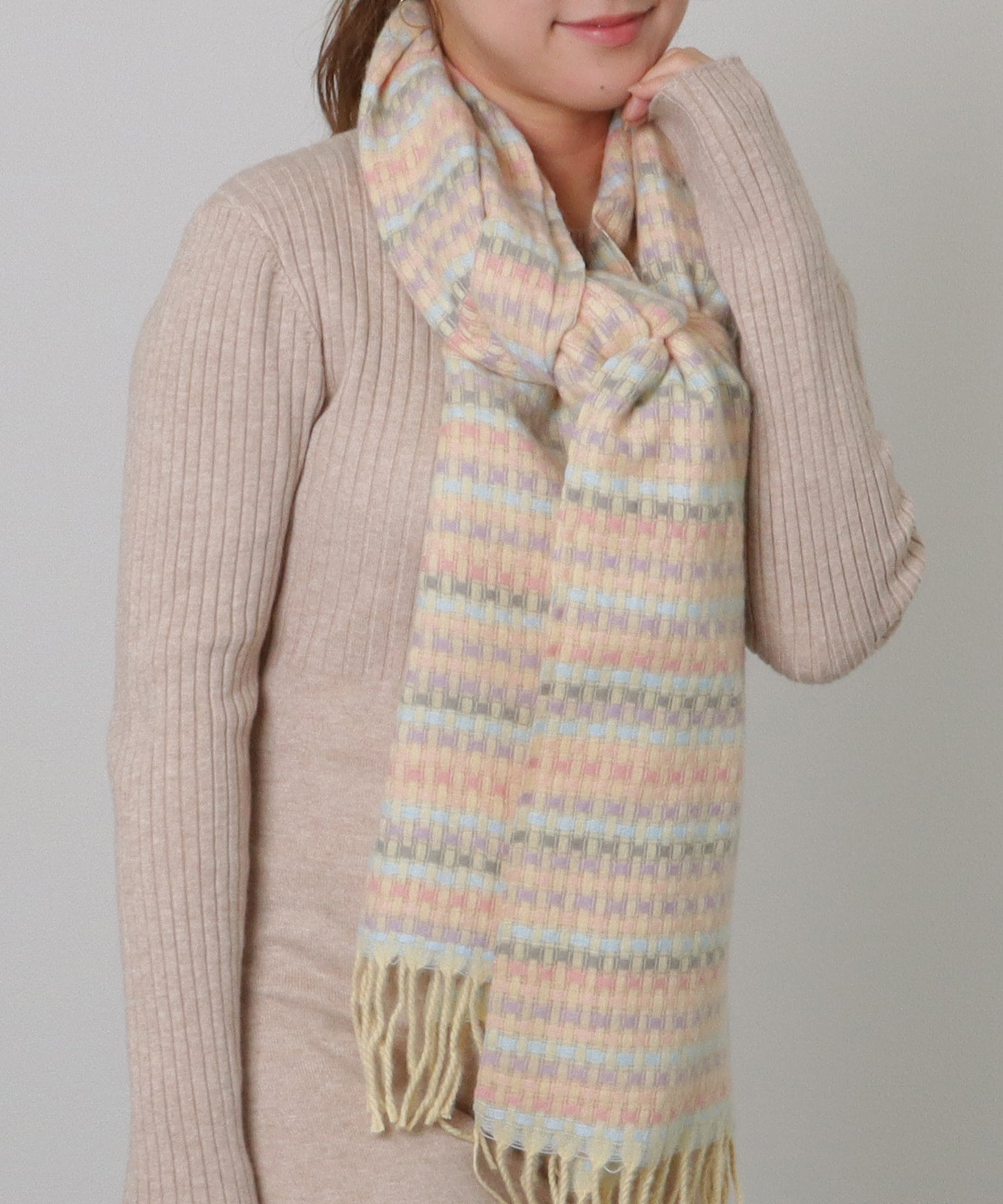 配色 チェック フリンジ ニット マフラー