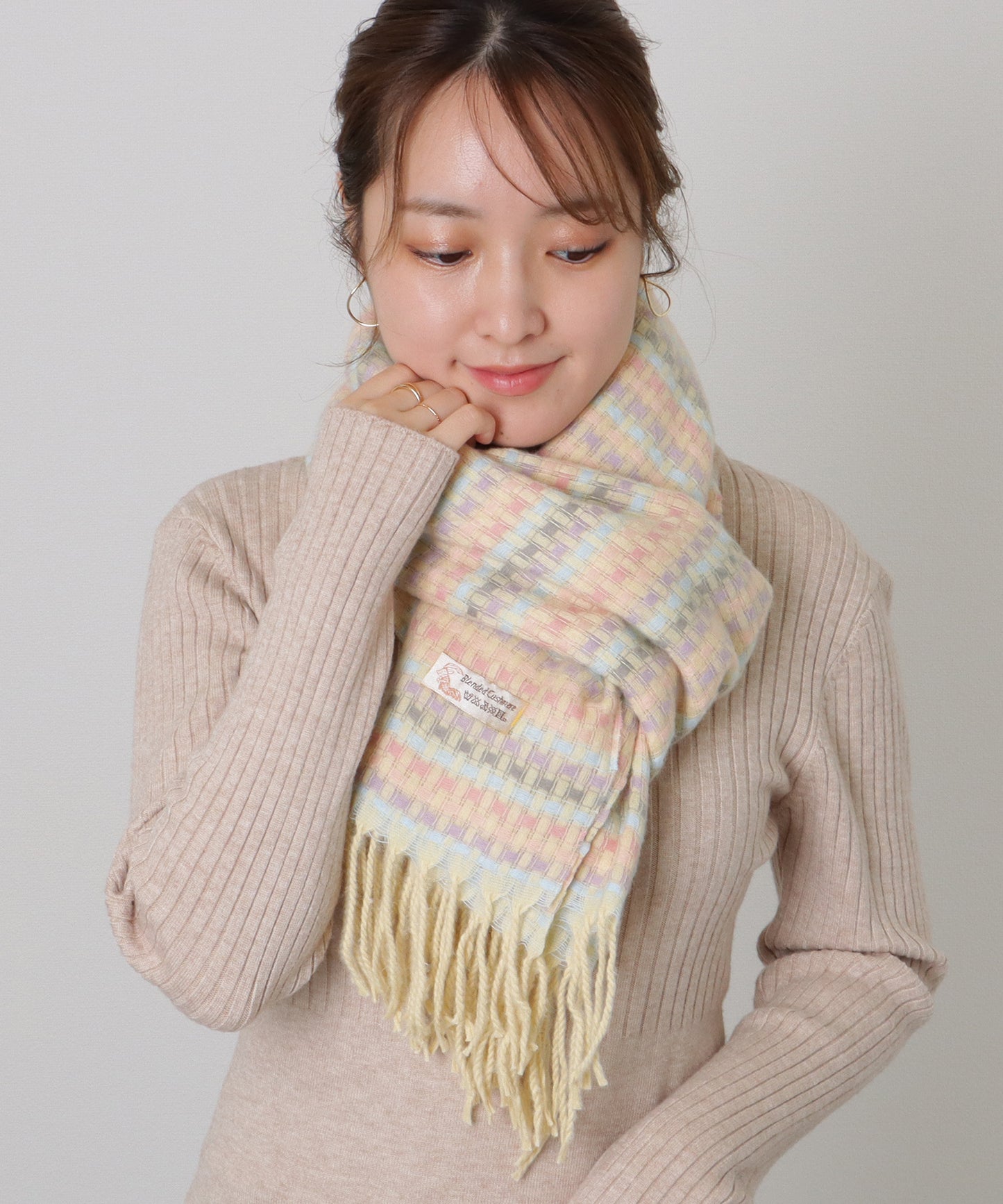 配色 チェック フリンジ ニット マフラー