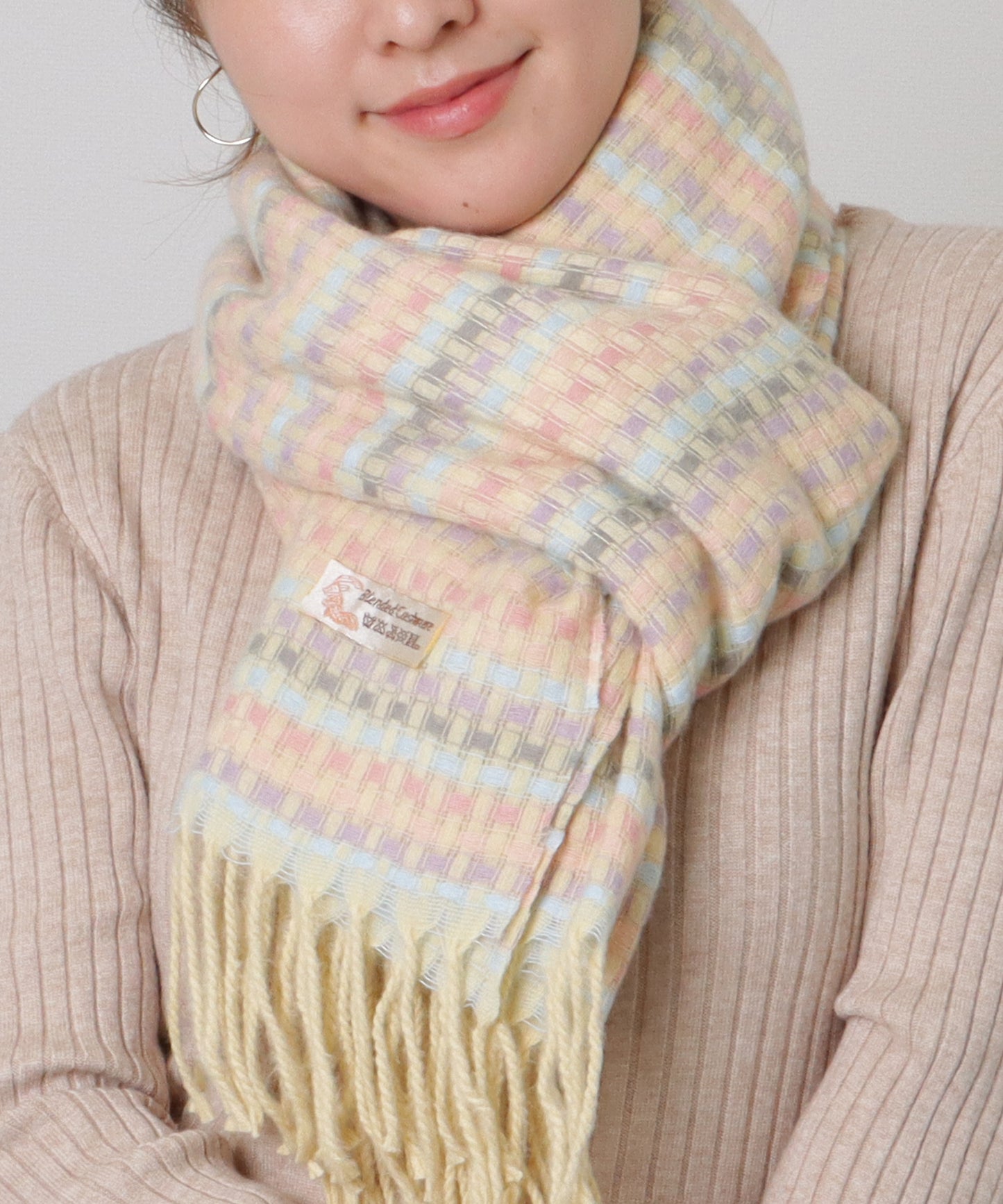 配色 チェック フリンジ ニット マフラー