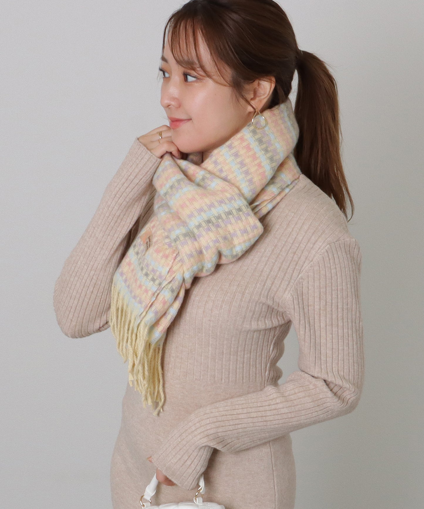 配色 チェック フリンジ ニット マフラー