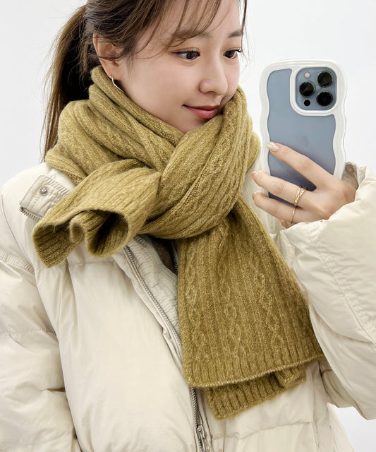 ソリッドカラー ダイヤ ケーブル柄 ニット マフラー