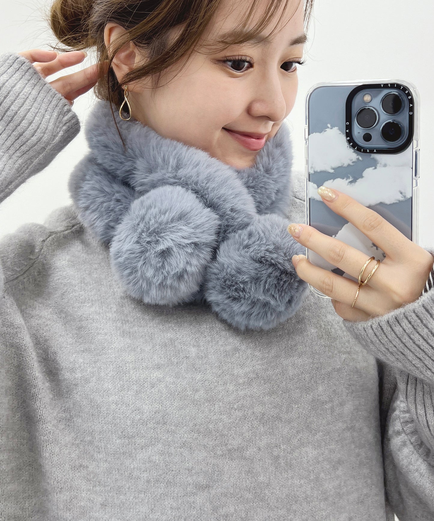 ポンポン付き ラビット風 シンプル ファー ティペット