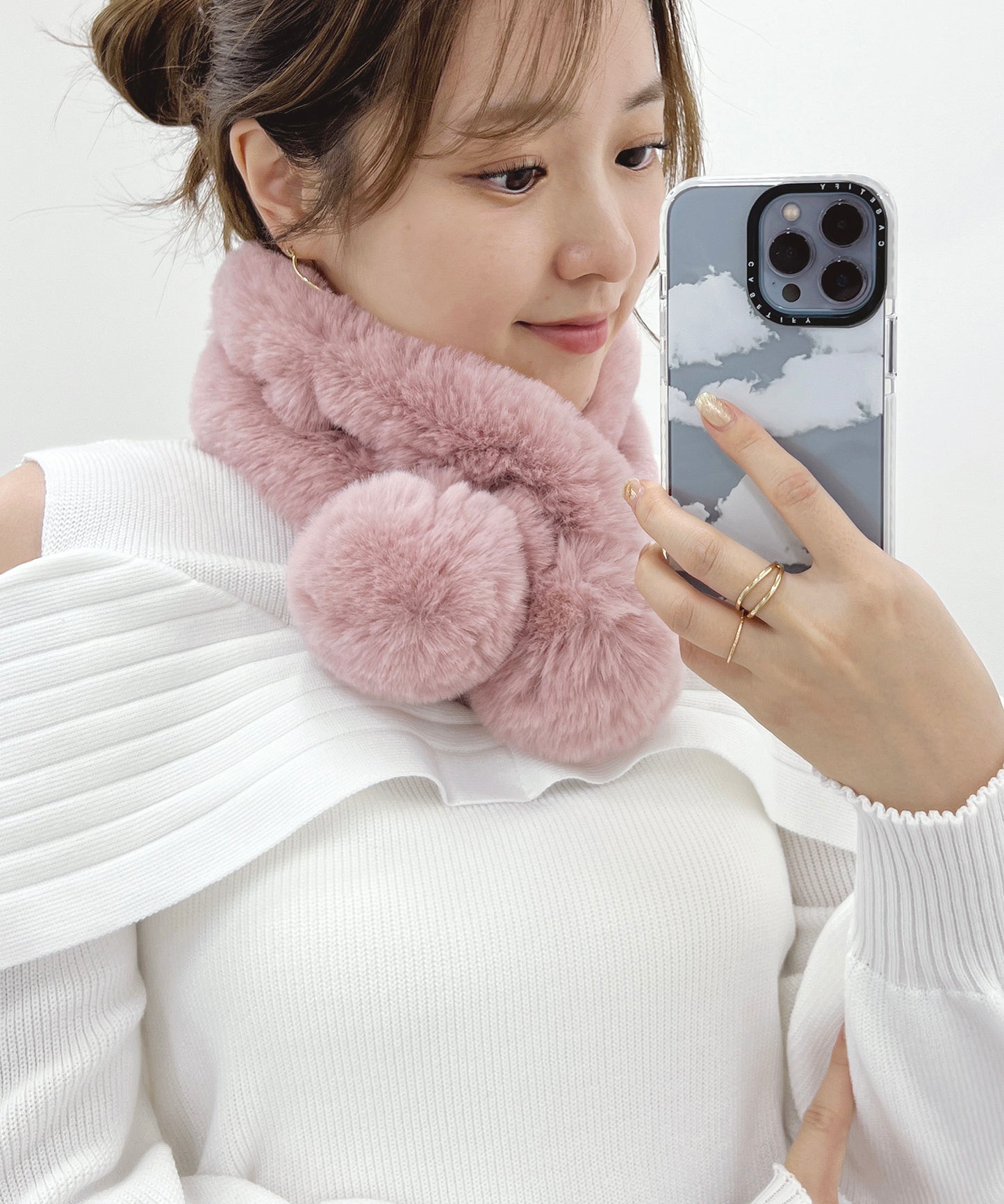 ポンポン付き ラビット風 シンプル ファー ティペット