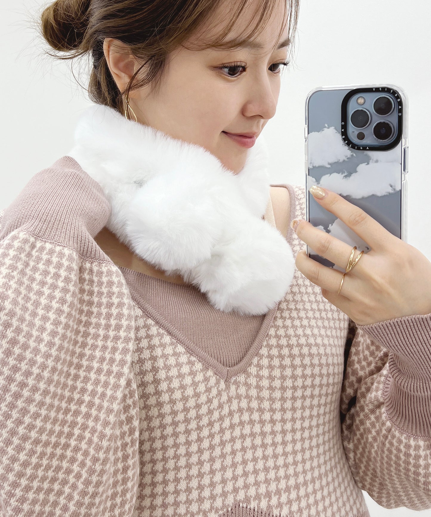 ポンポン付き ラビット風 シンプル ファー ティペット