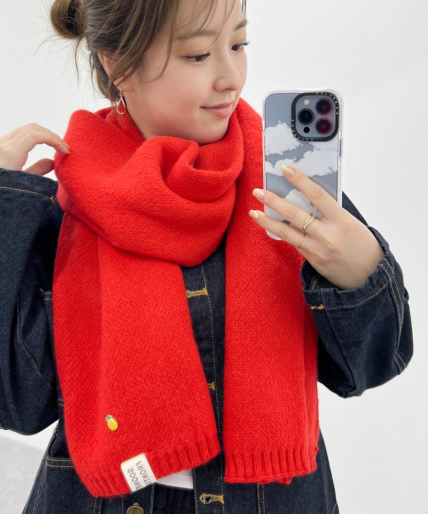 ソリッドカラー ピンバッチ付き シンプル ニット マフラー