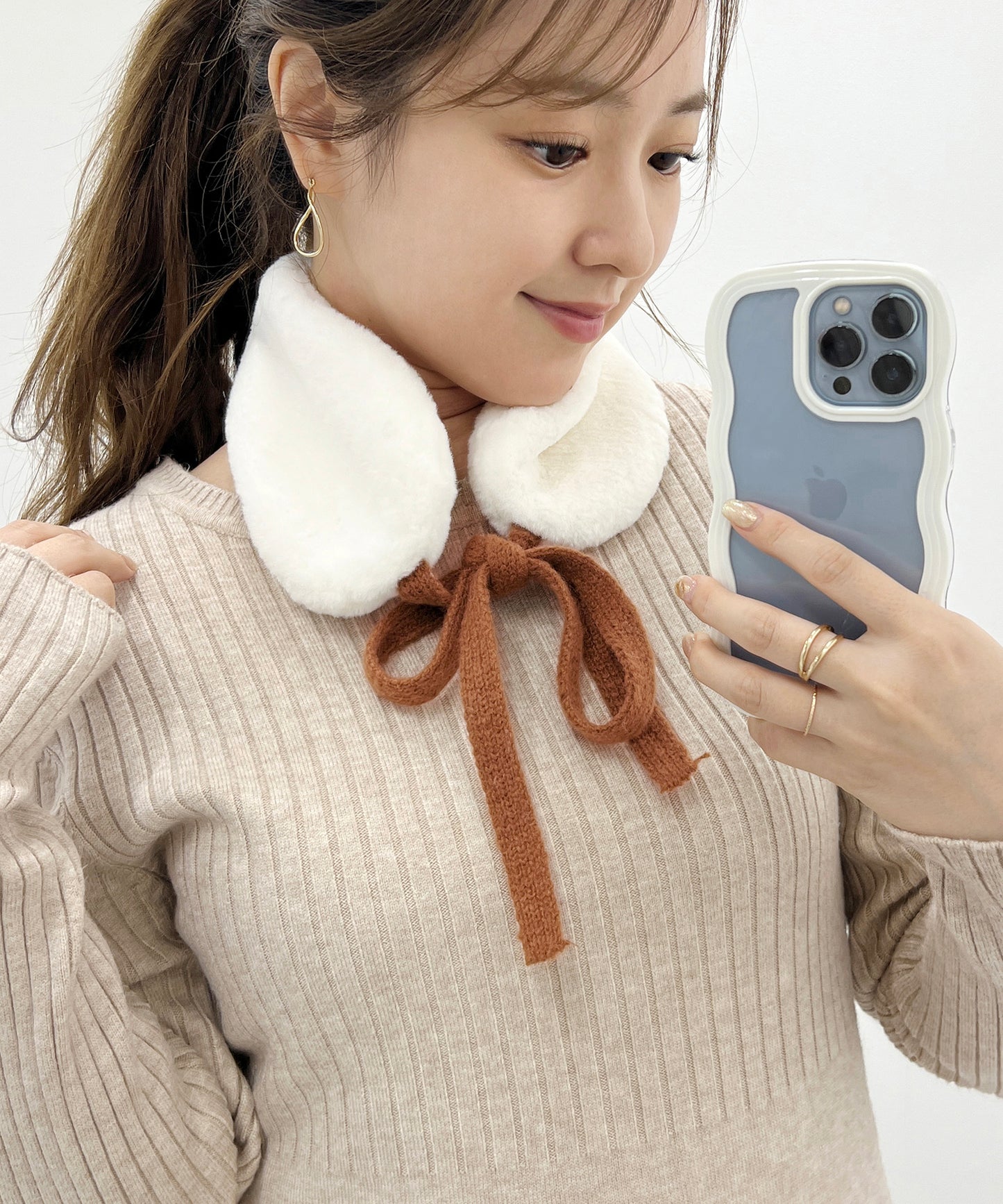 ニット リボン付き 2WAY ファー ティペット