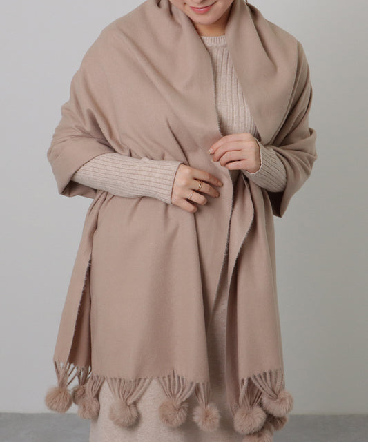 ソリッドカラー ファー ポンポン付き フリンジ マフラー