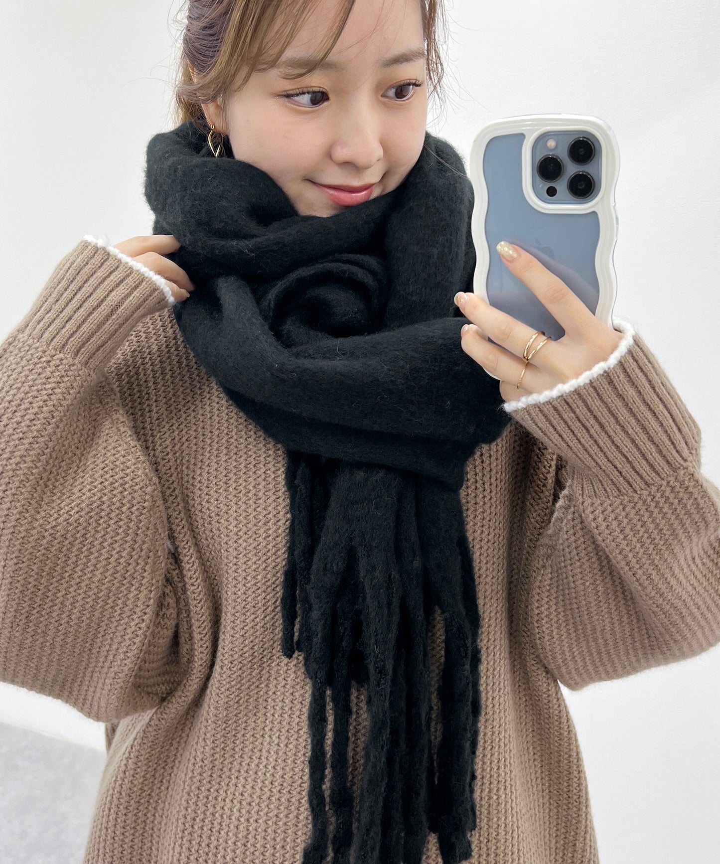 ソリッドカラー シンプル ニット フリンジ マフラー