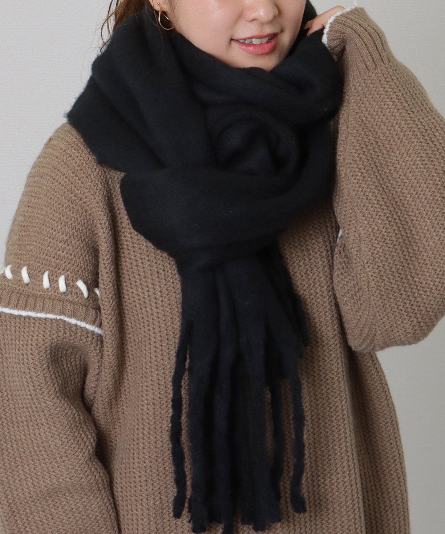 ソリッドカラー シンプル ニット フリンジ マフラー