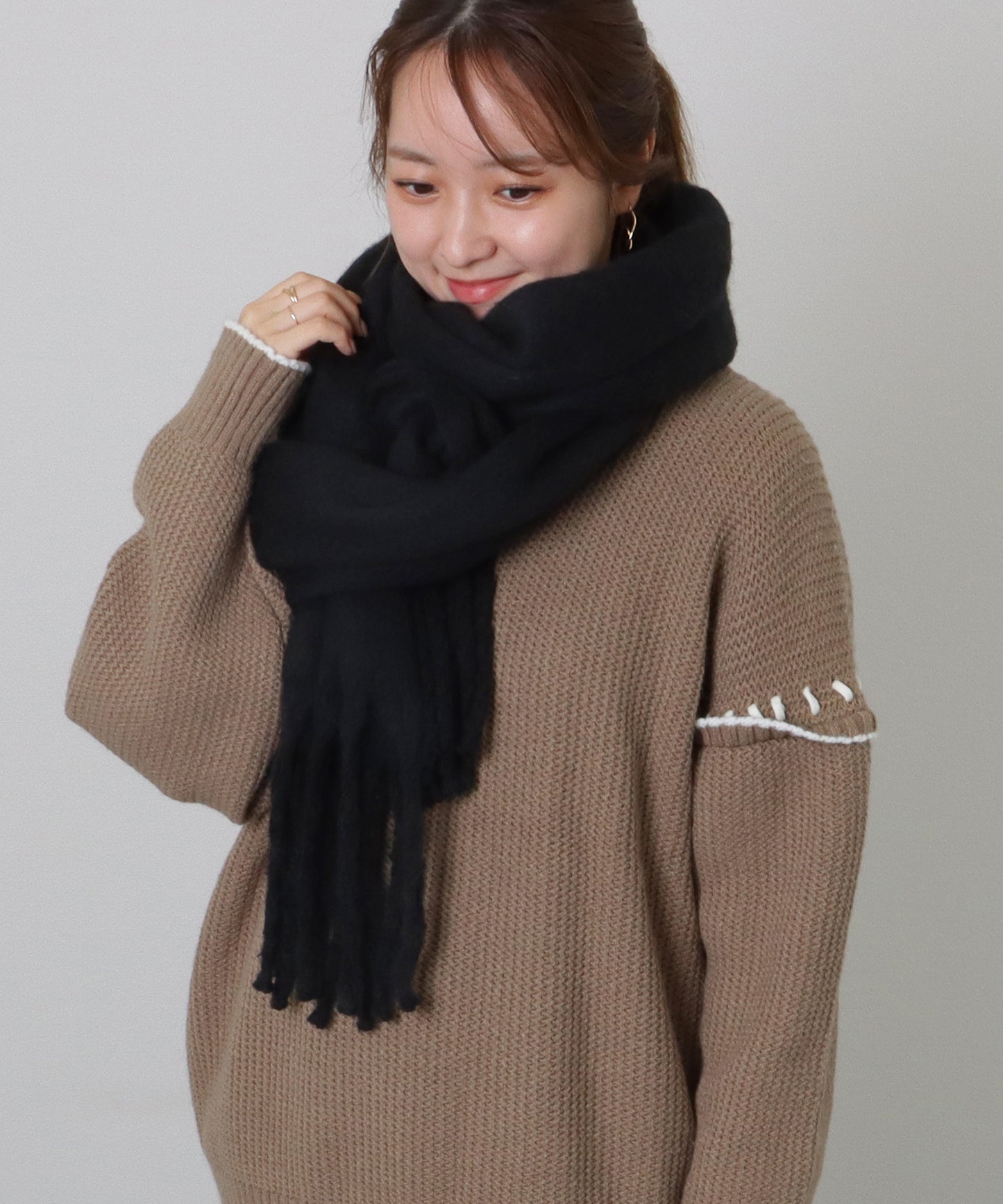 ソリッドカラー シンプル ニット フリンジ マフラー