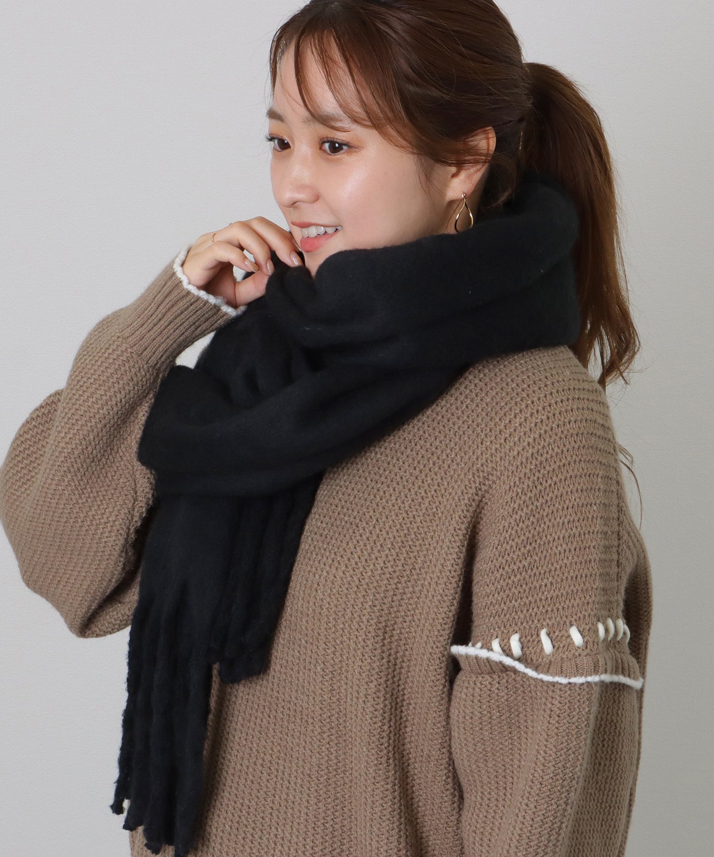 ソリッドカラー シンプル ニット フリンジ マフラー