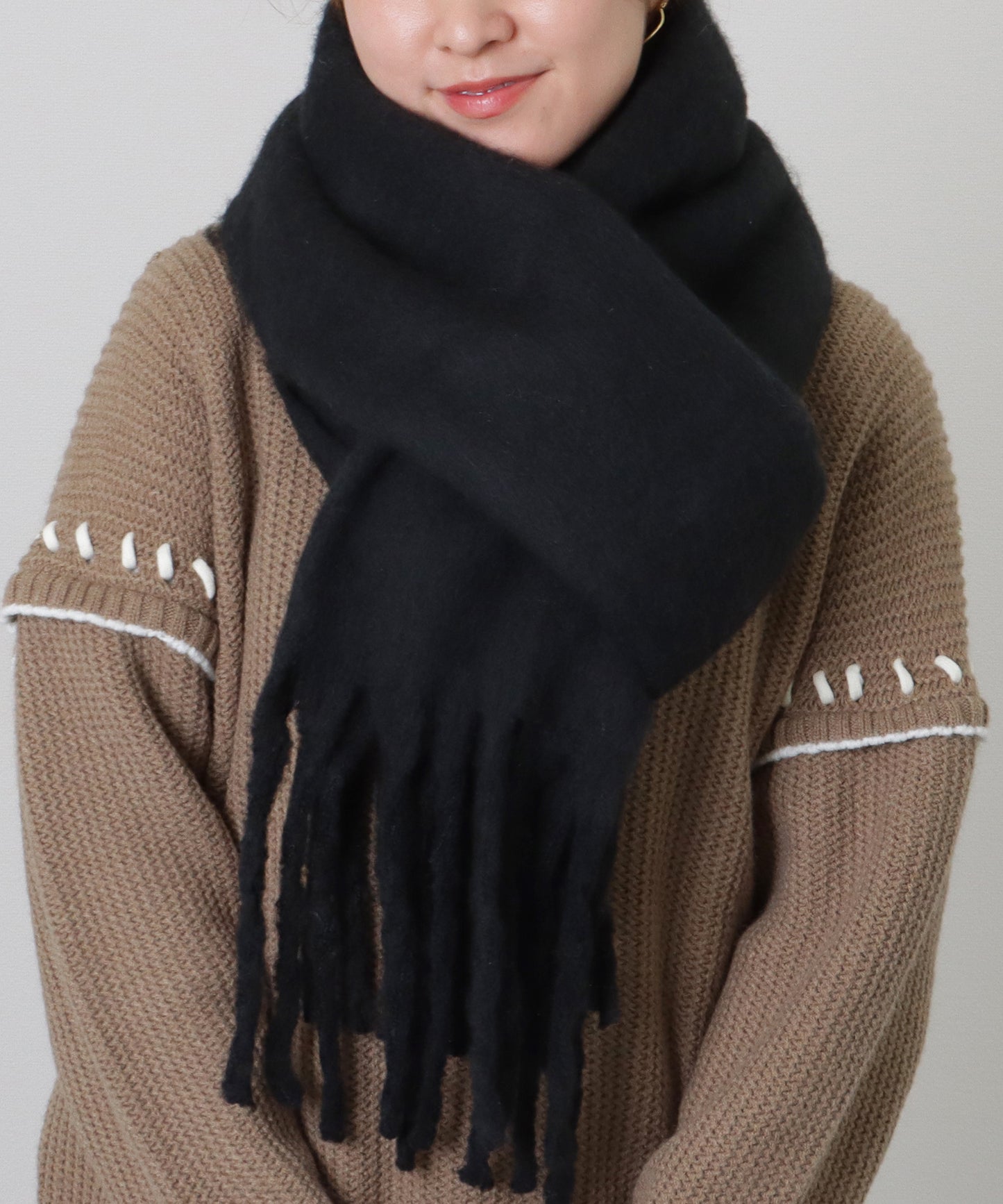 ソリッドカラー シンプル ニット フリンジ マフラー