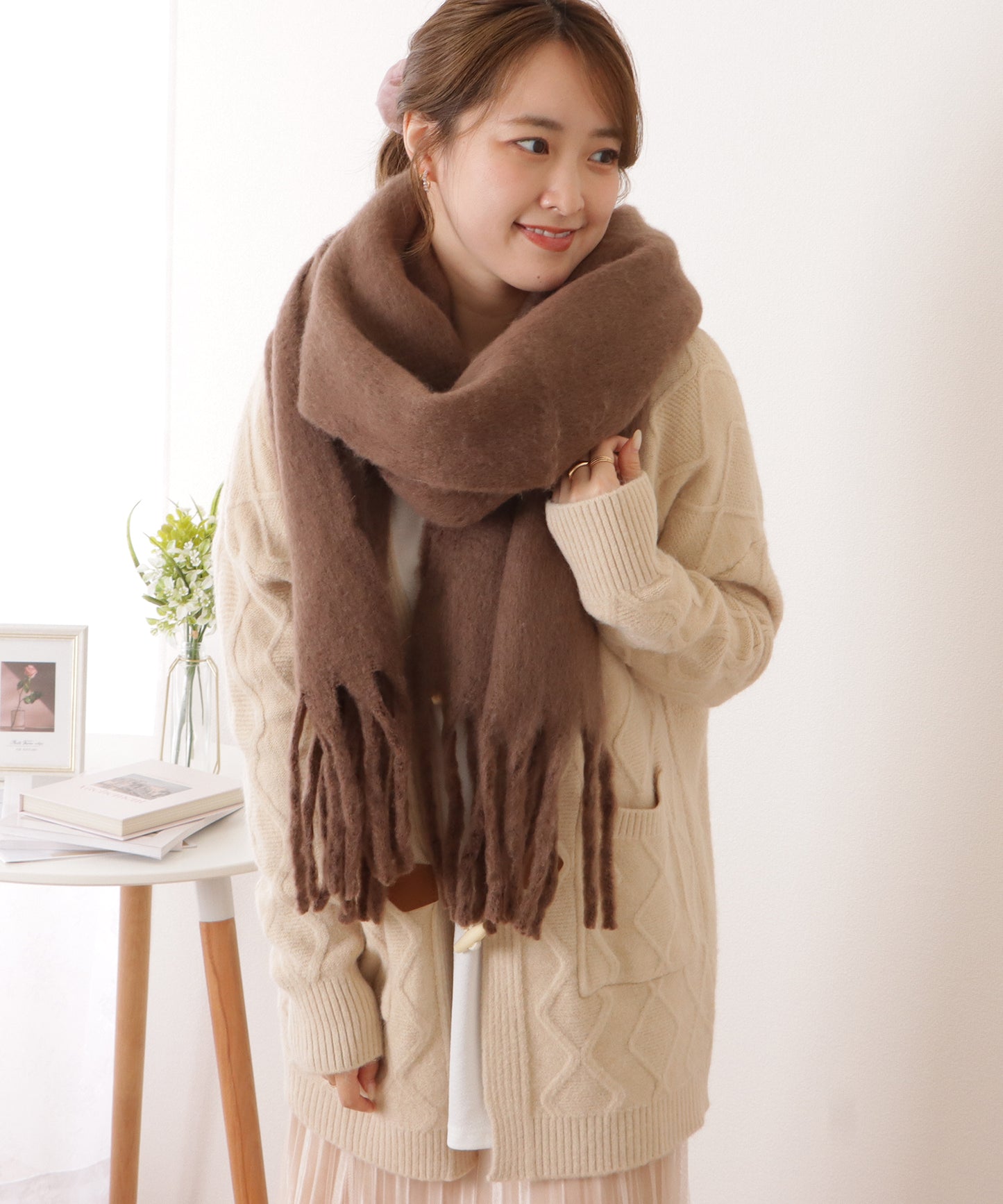 ボリュームフリンジシンプル大判マフラー