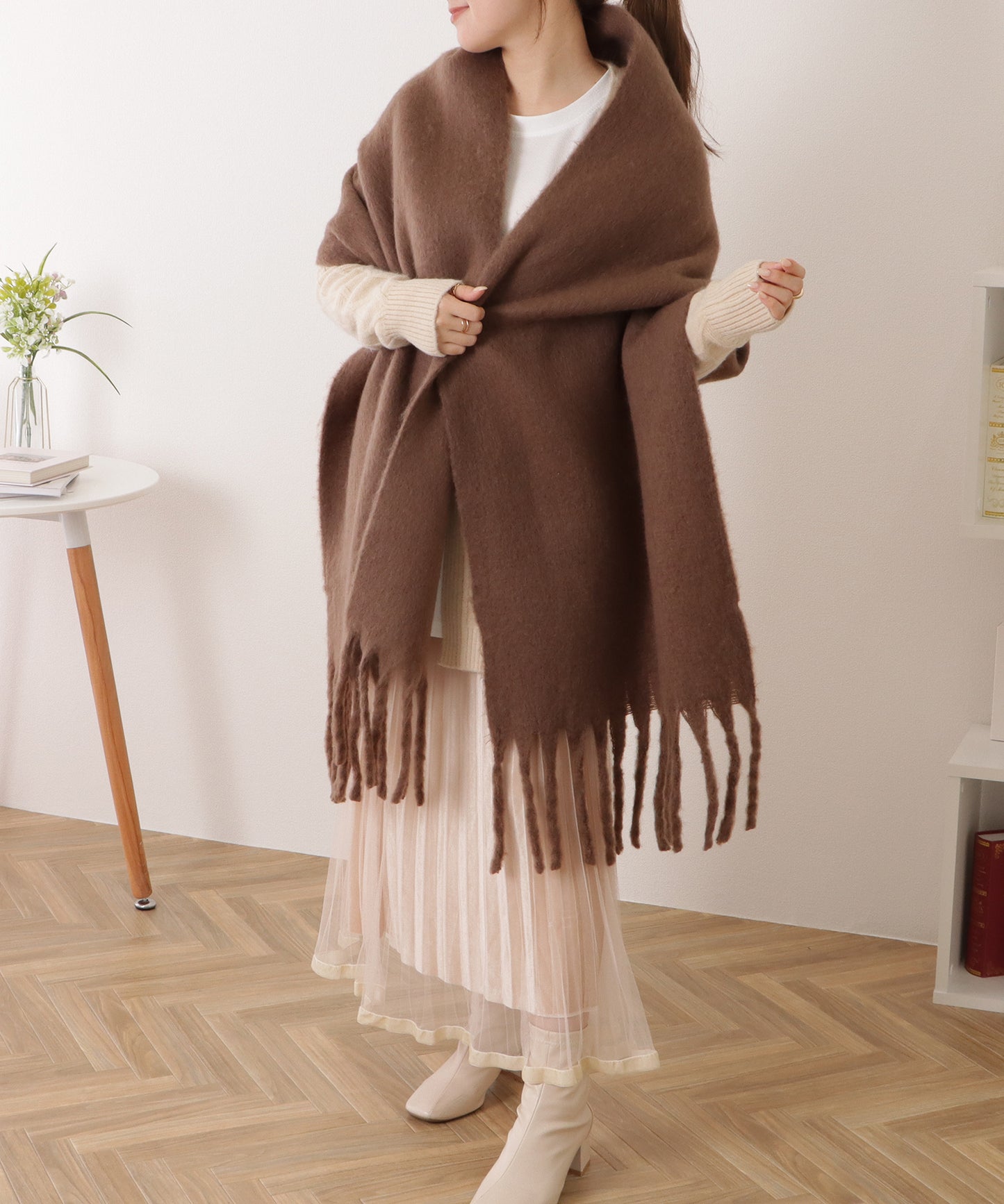 ボリュームフリンジシンプル大判マフラー