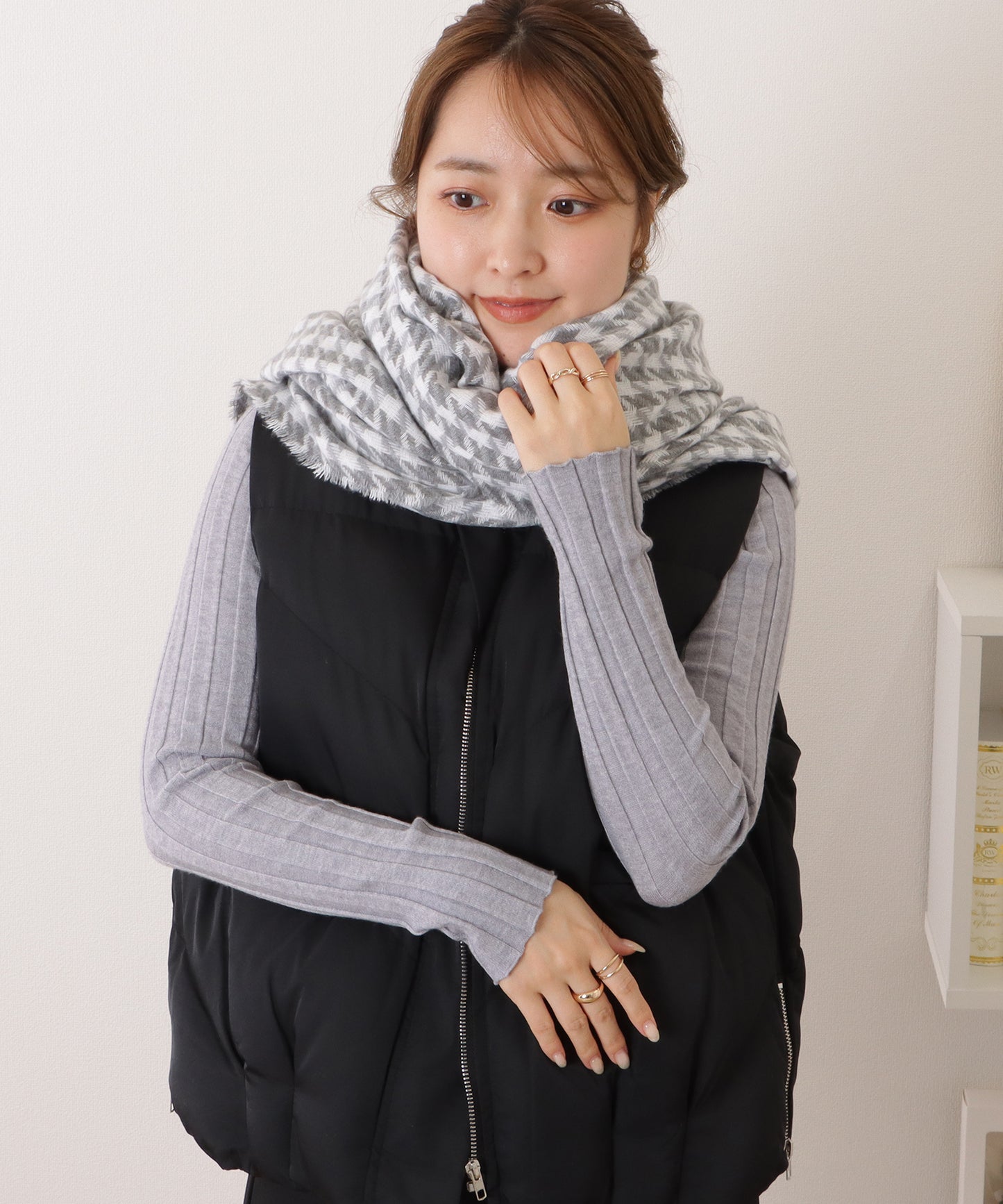 千鳥格子柄クラシカルフリンジマフラー