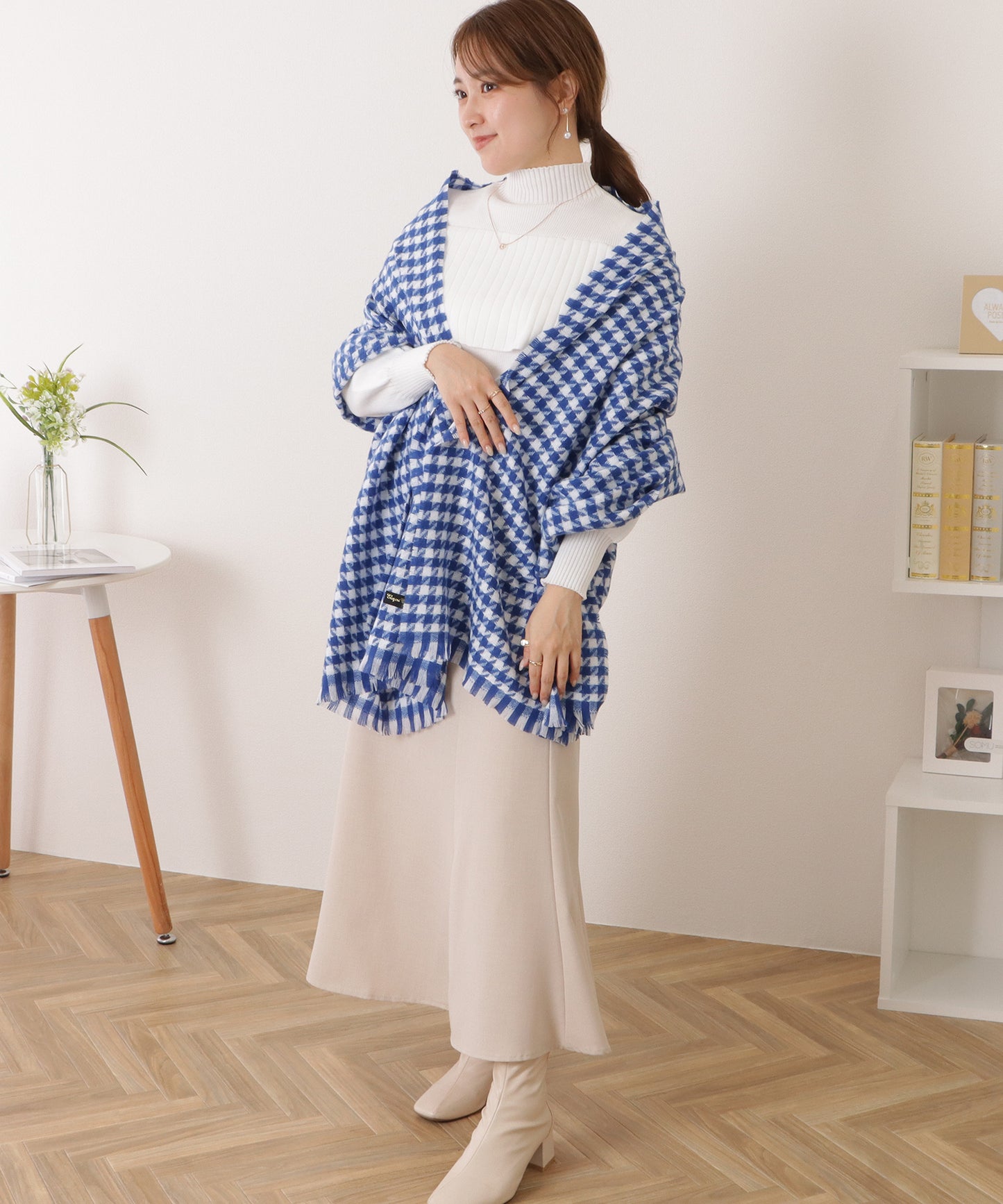 千鳥格子柄クラシカルフリンジマフラー