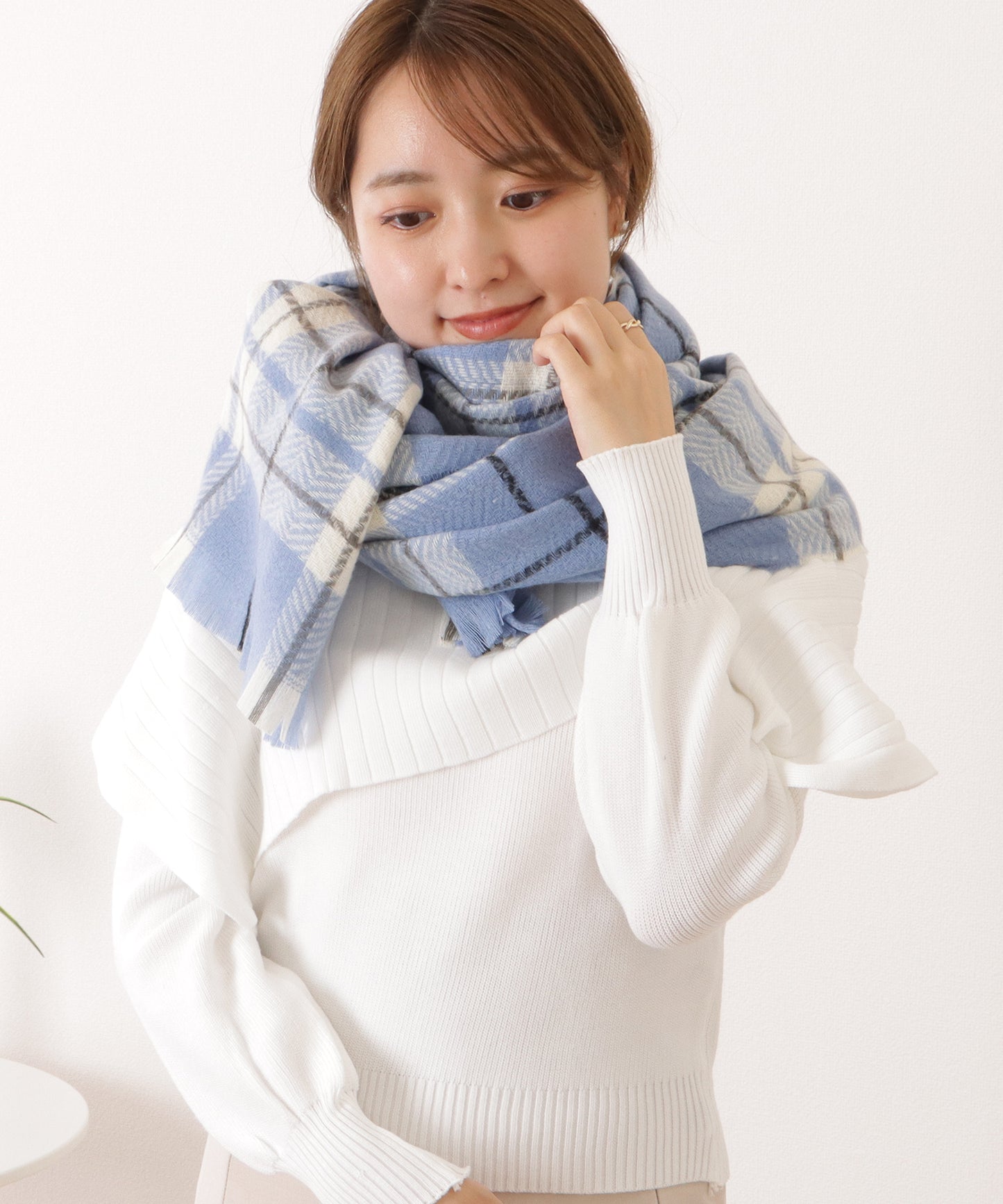 チェック柄カシミヤタッチフリンジマフラー