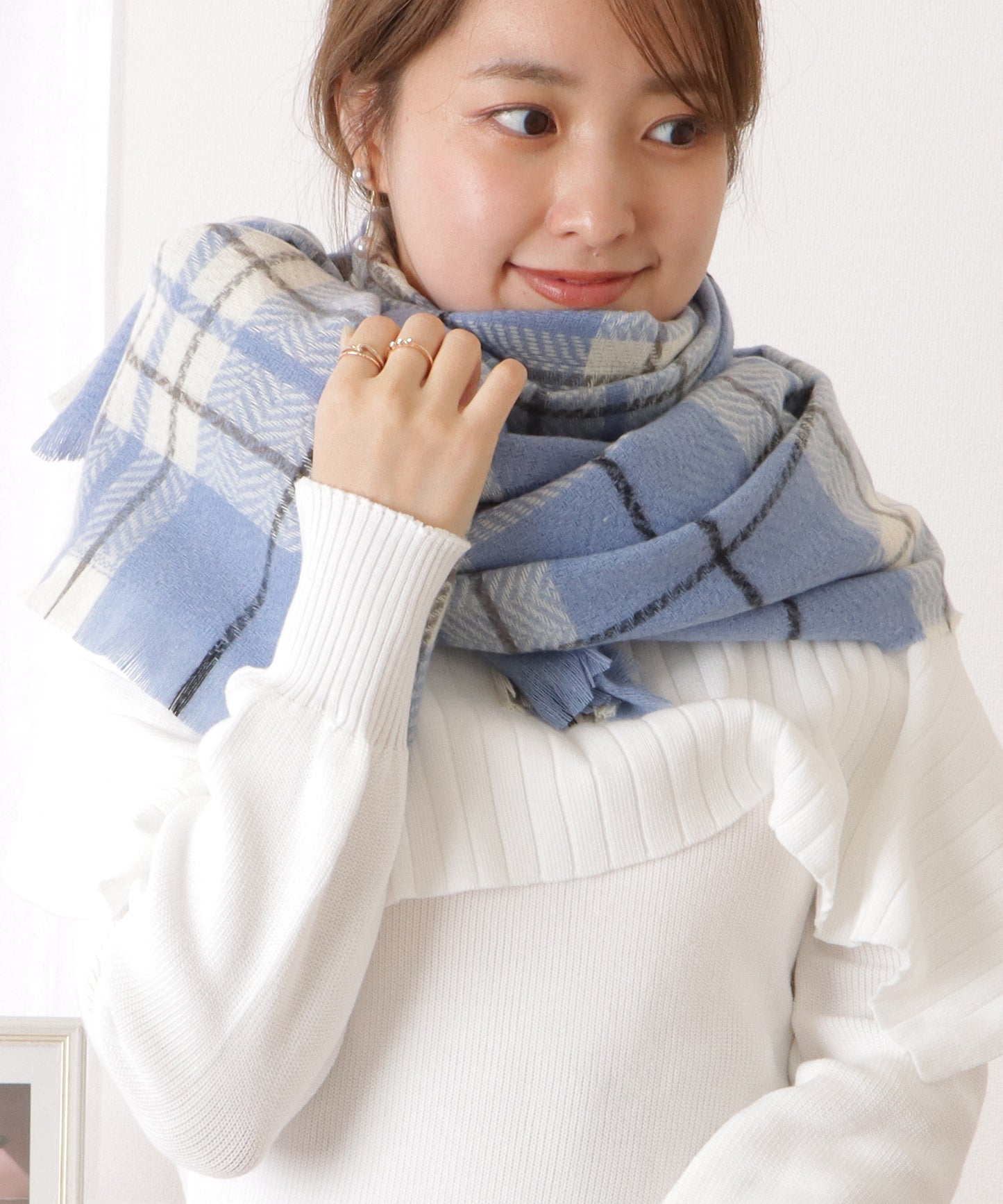チェック柄カシミヤタッチフリンジマフラー