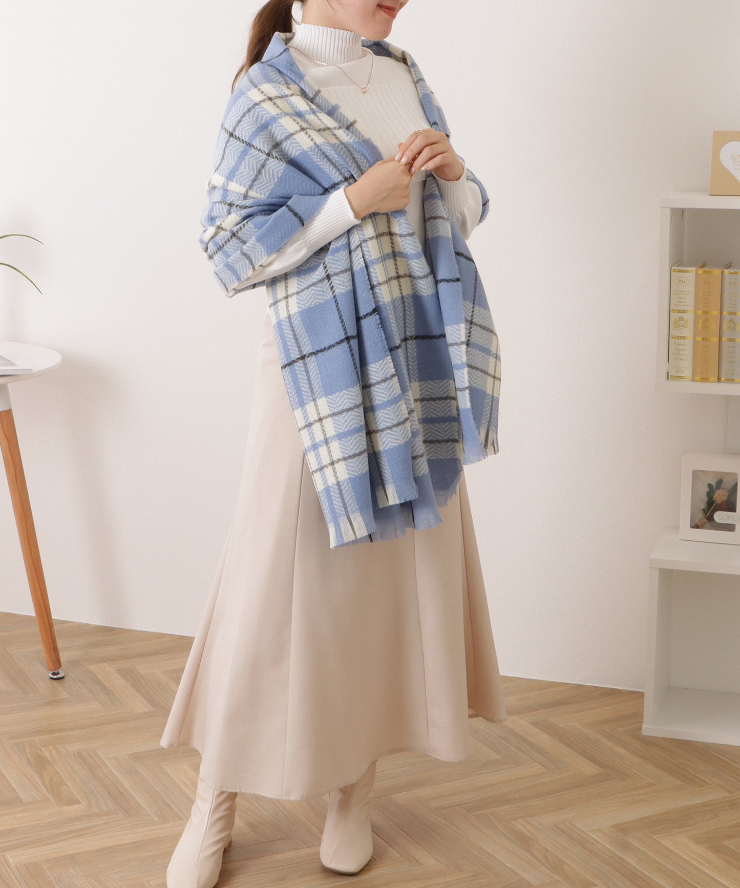 チェック柄カシミヤタッチフリンジマフラー