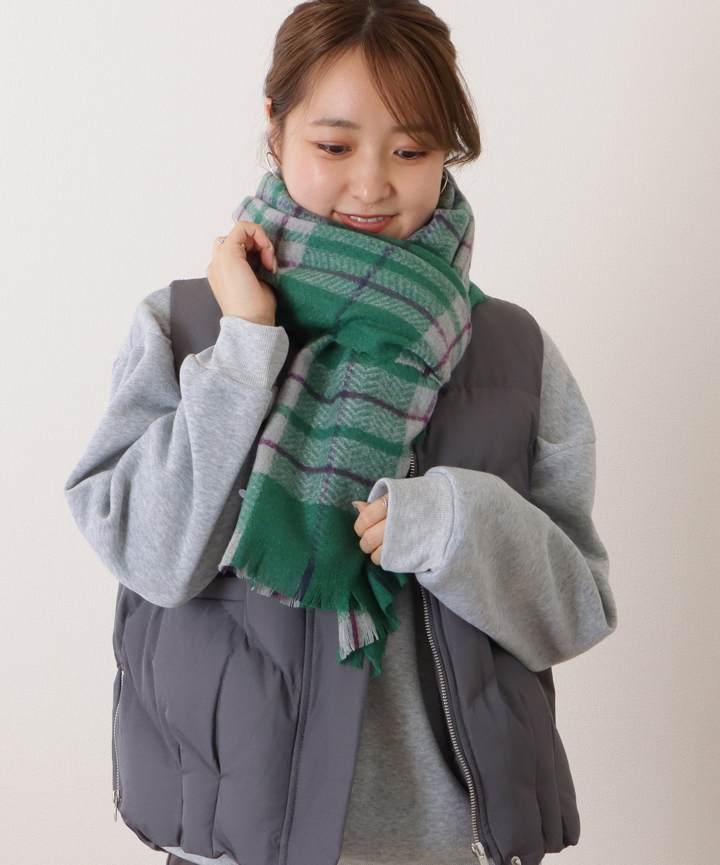 チェック柄カシミヤタッチフリンジマフラー