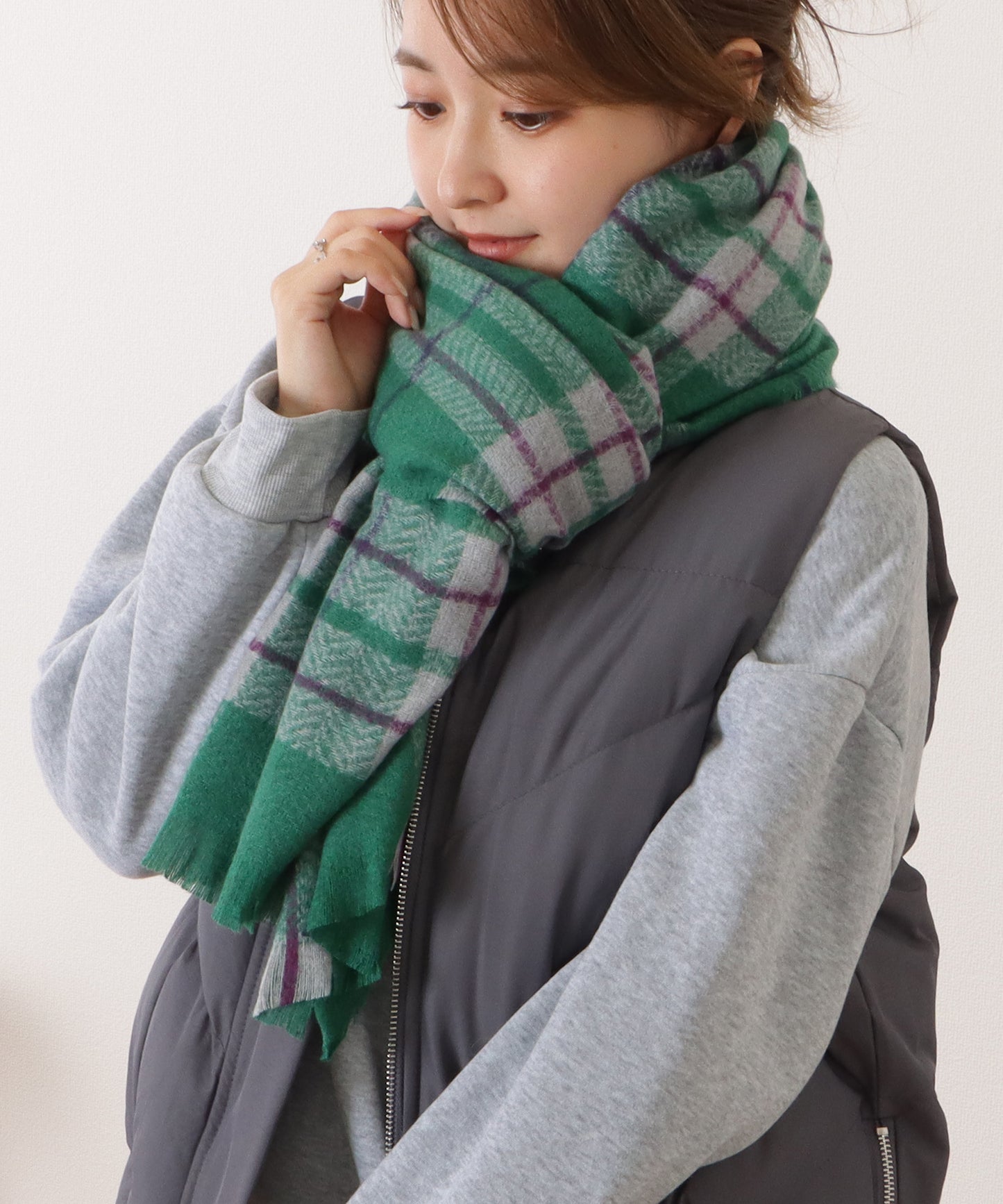 チェック柄カシミヤタッチフリンジマフラー