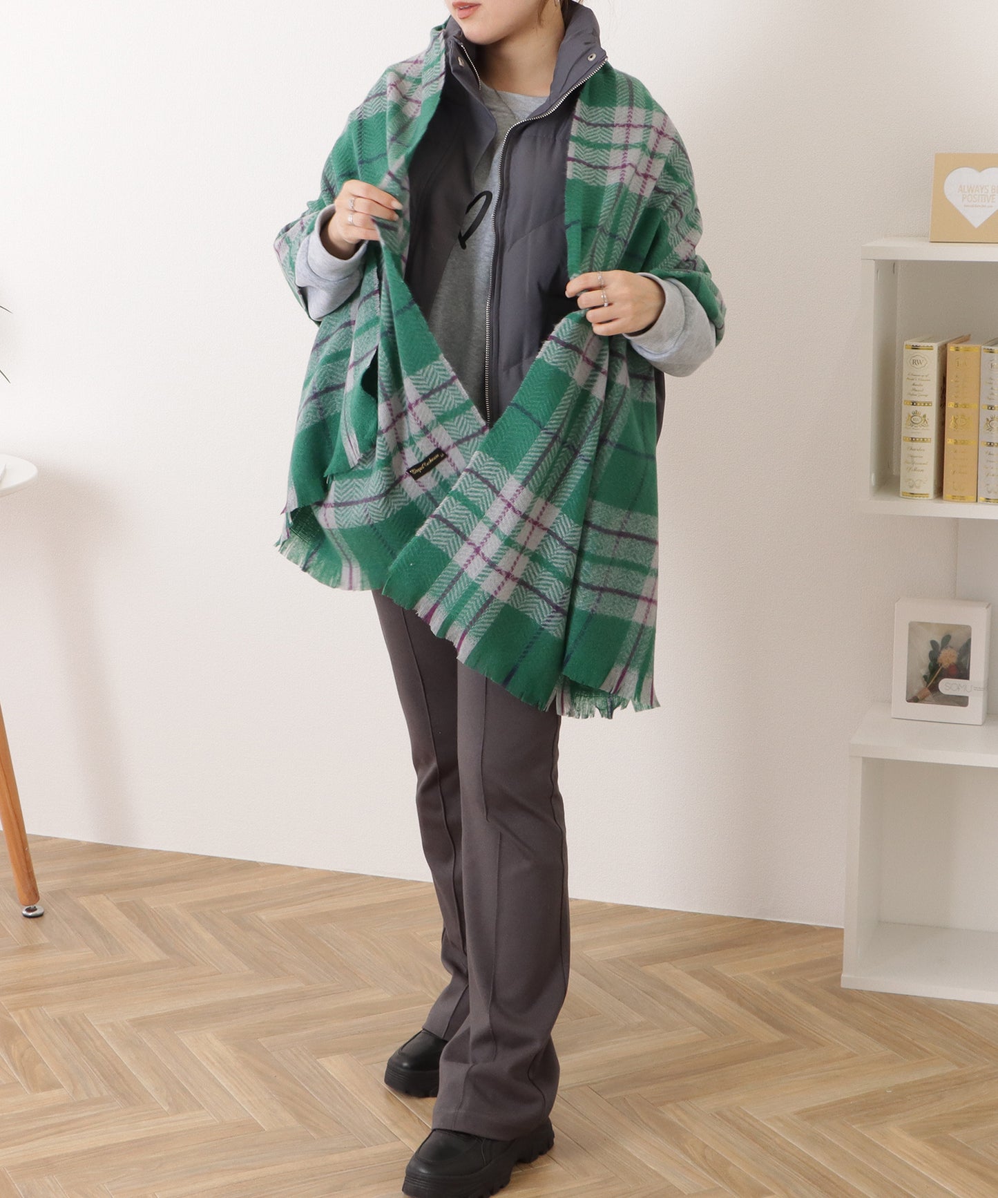 チェック柄カシミヤタッチフリンジマフラー