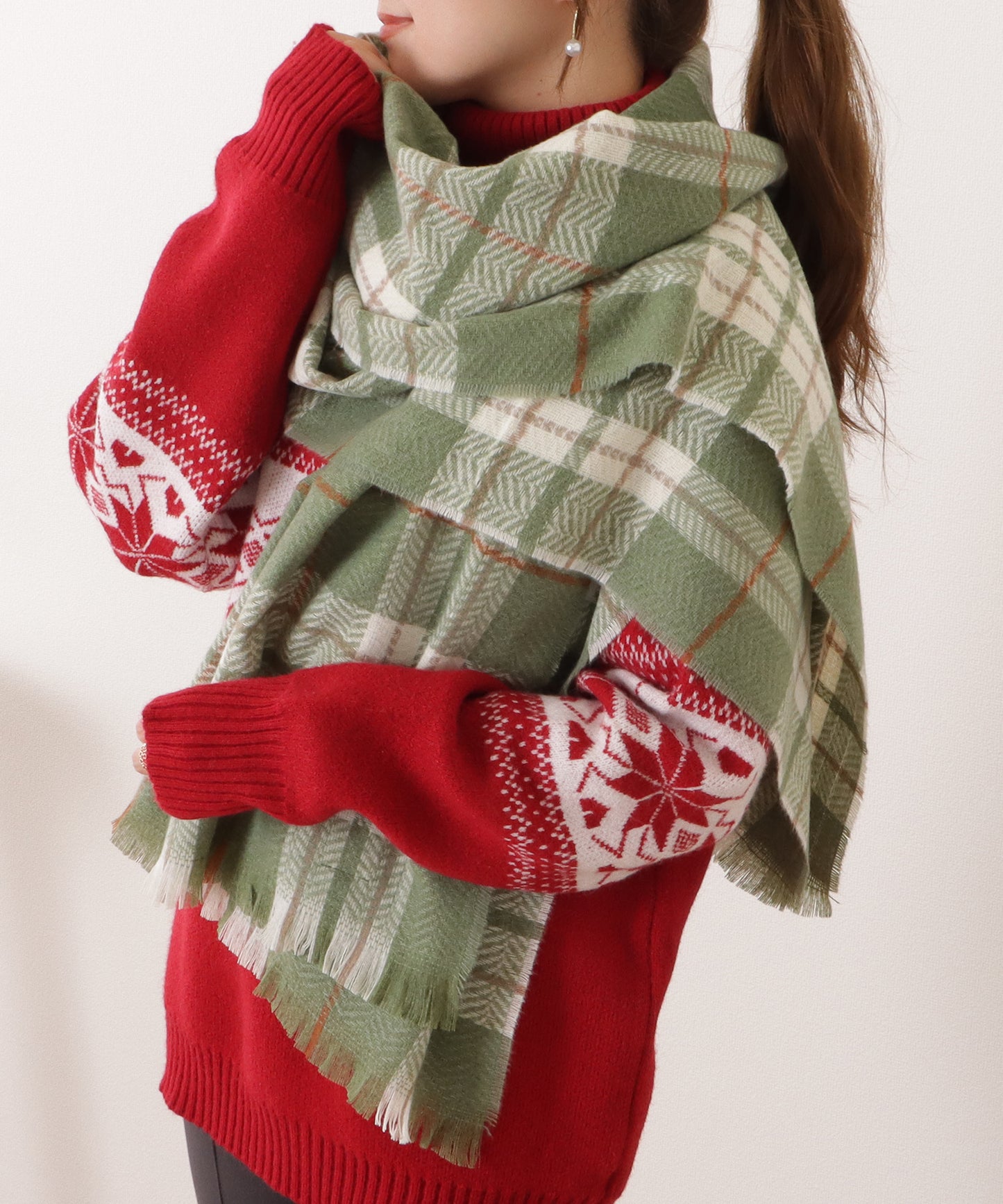 チェック柄カシミヤタッチフリンジマフラー