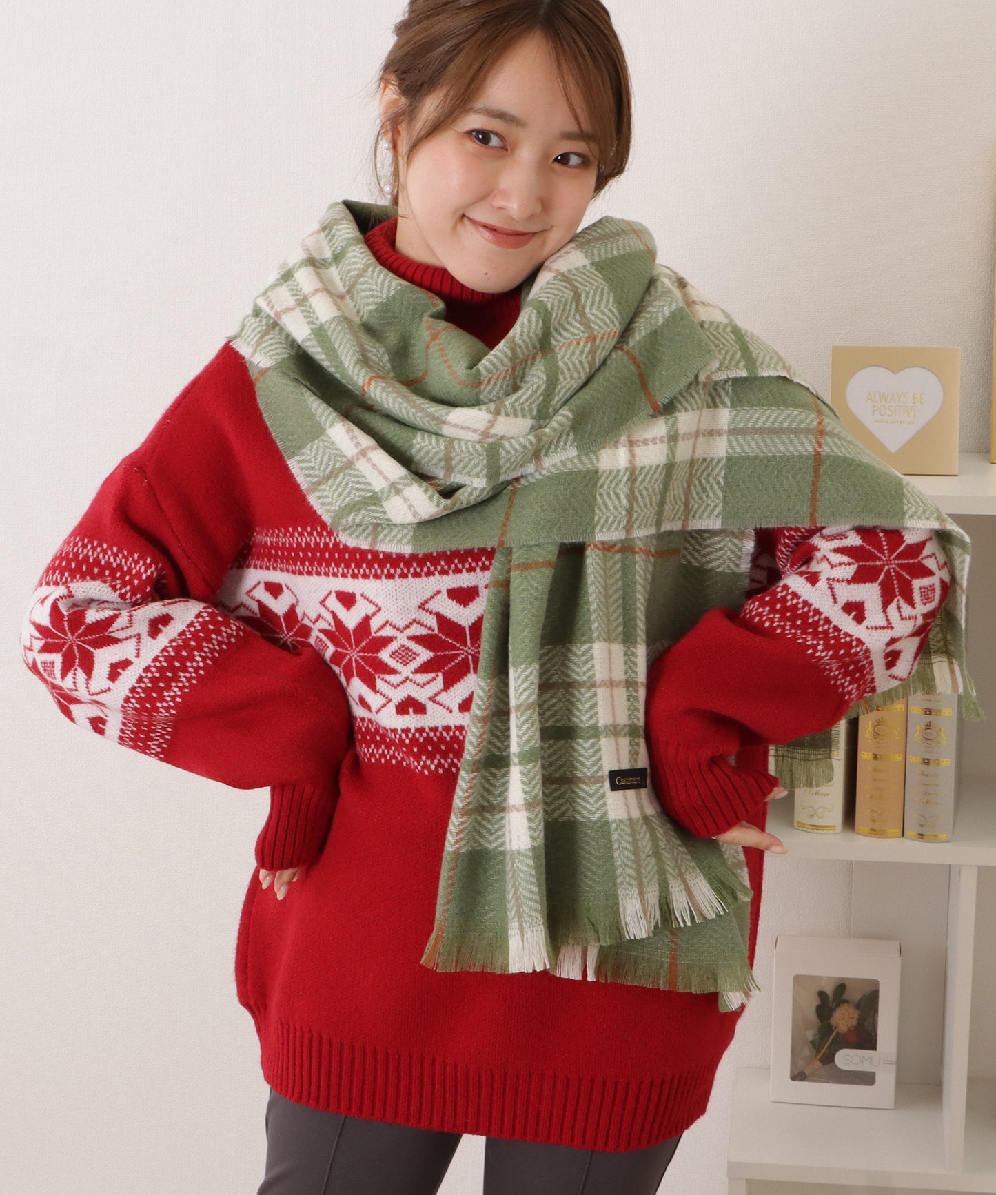 チェック柄カシミヤタッチフリンジマフラー