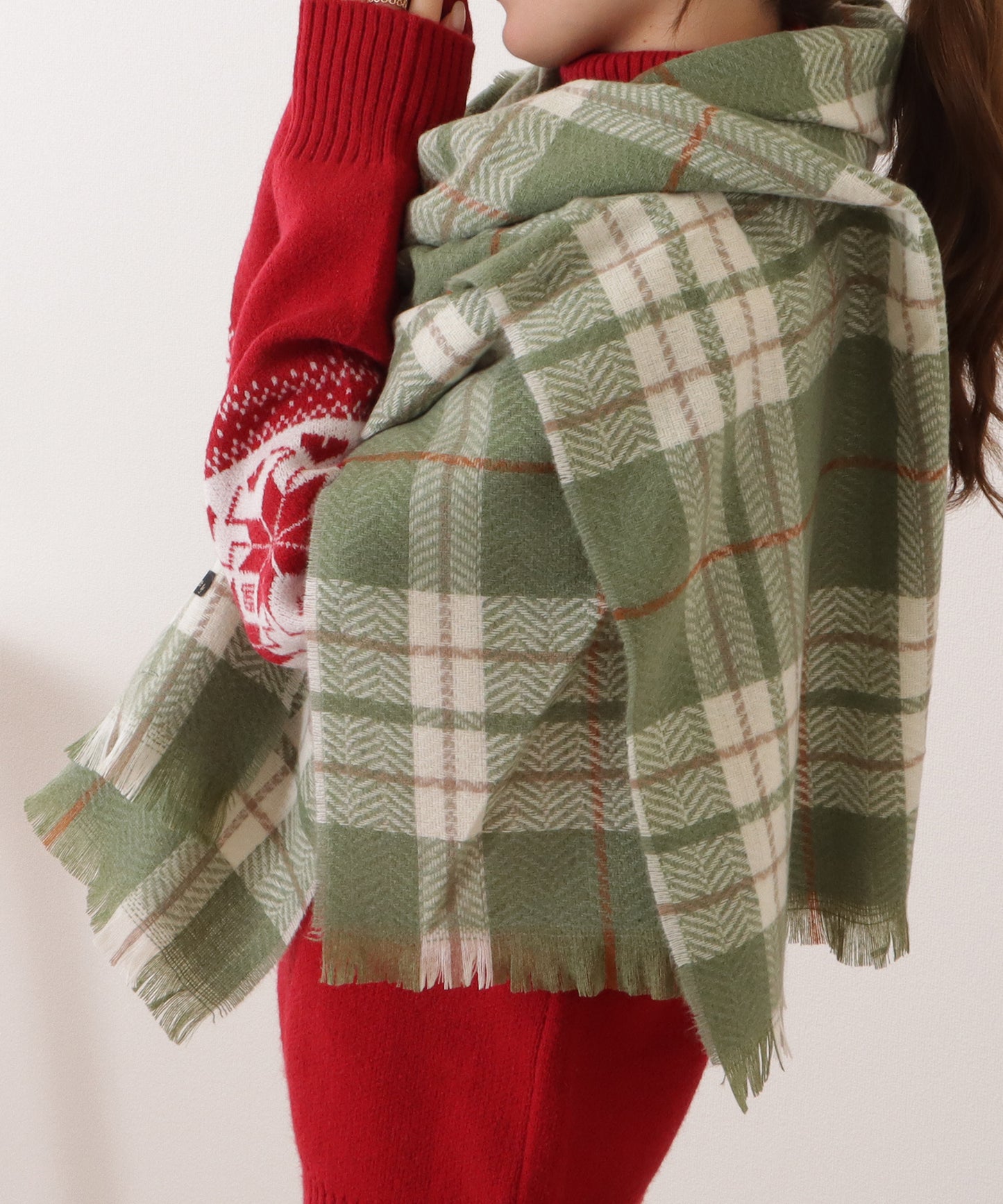 チェック柄カシミヤタッチフリンジマフラー