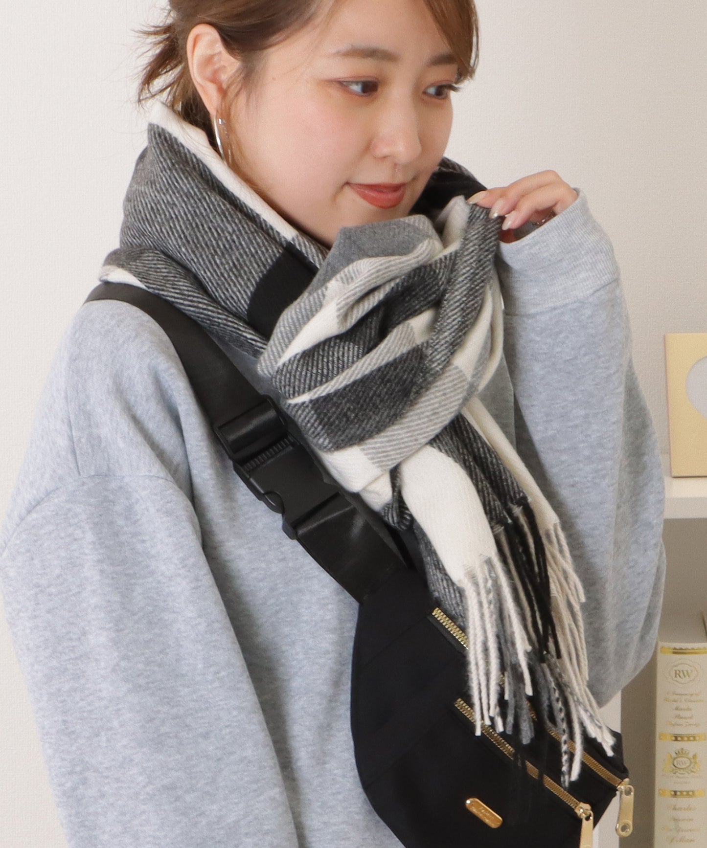 くすみチェック大判フリンジストール