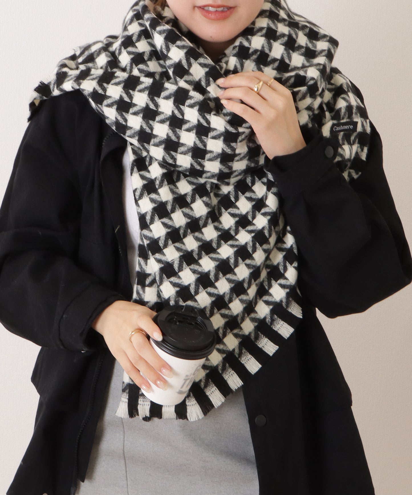 くすみチェック大判フリンジストール