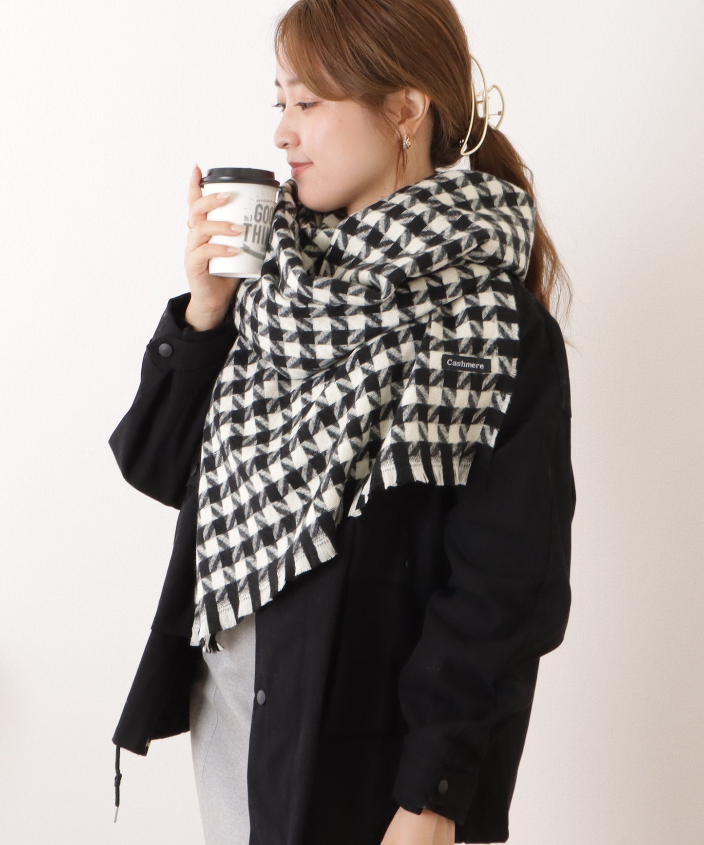 くすみチェック大判フリンジストール