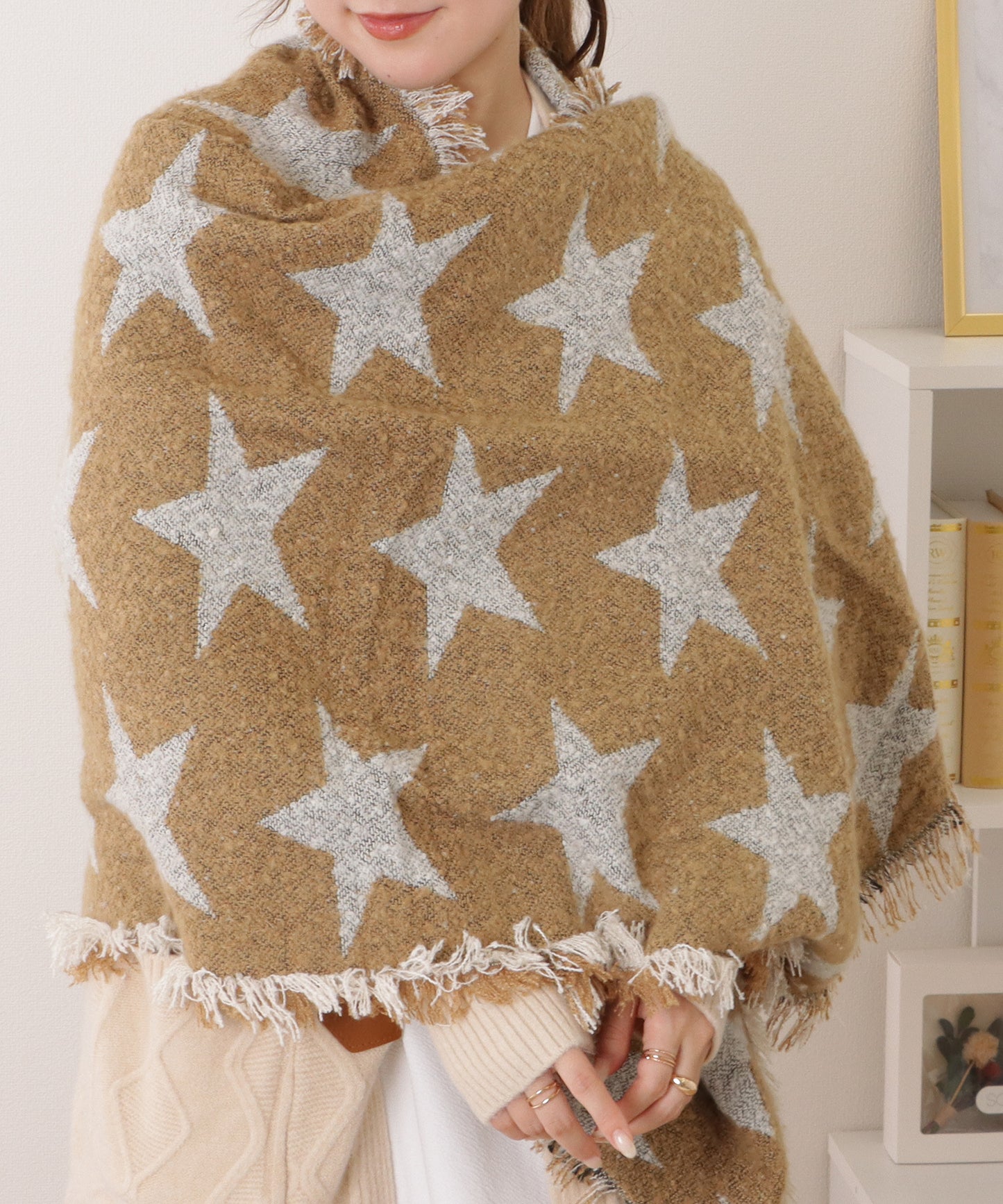 星柄ボリュームフリンジニットマフラー