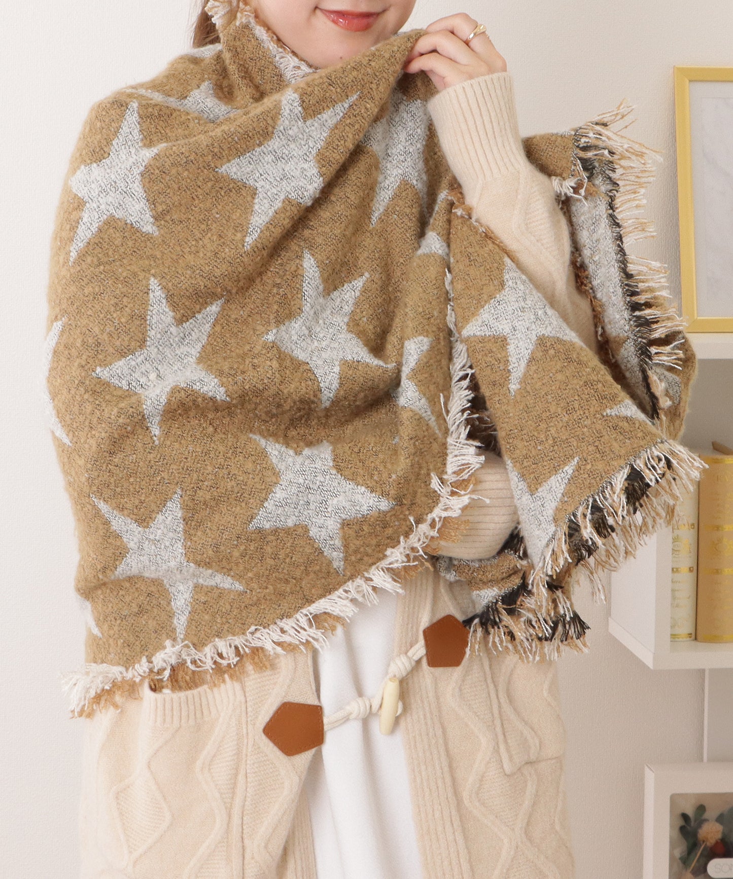 星柄ボリュームフリンジニットマフラー