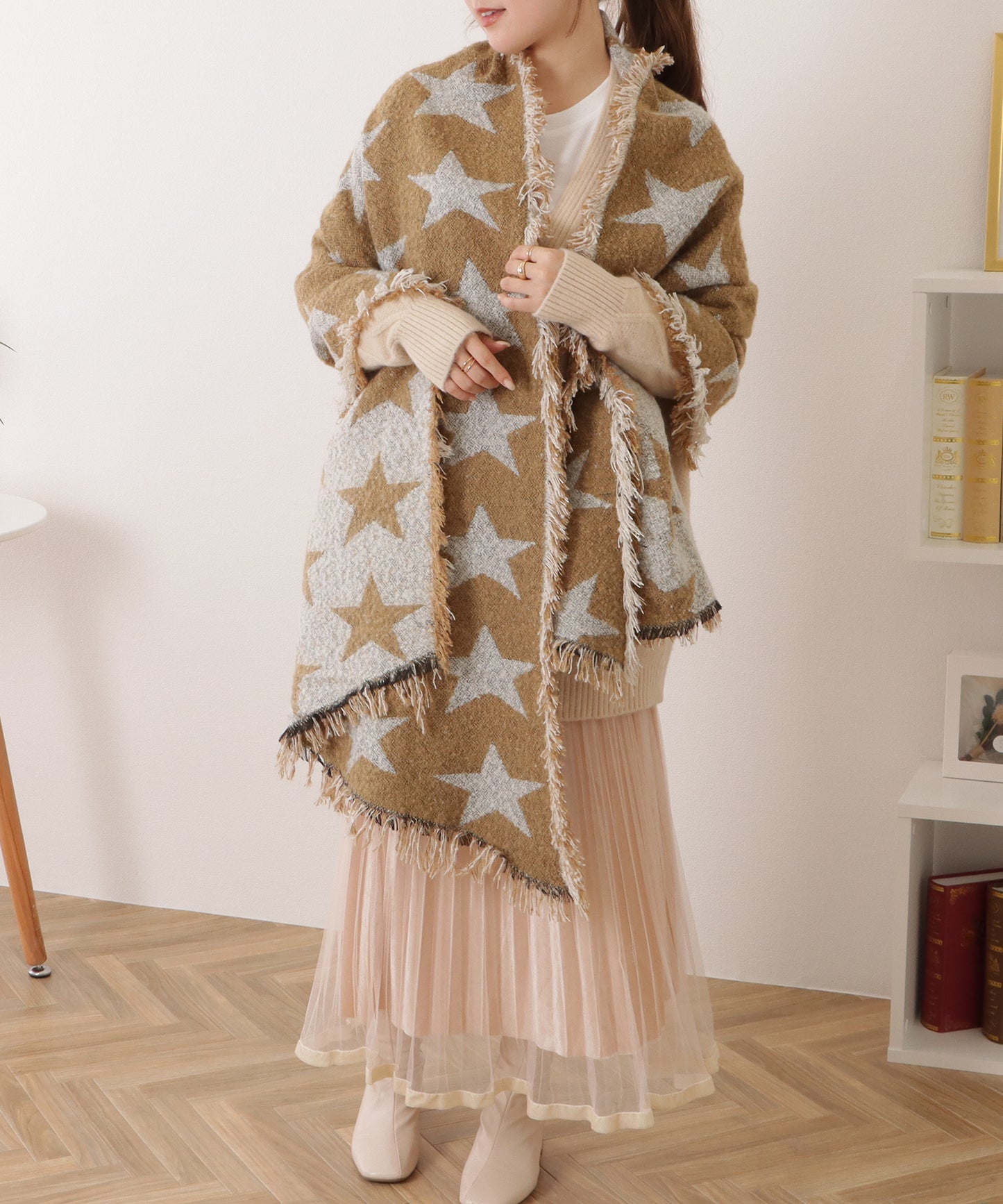 星柄ボリュームフリンジニットマフラー