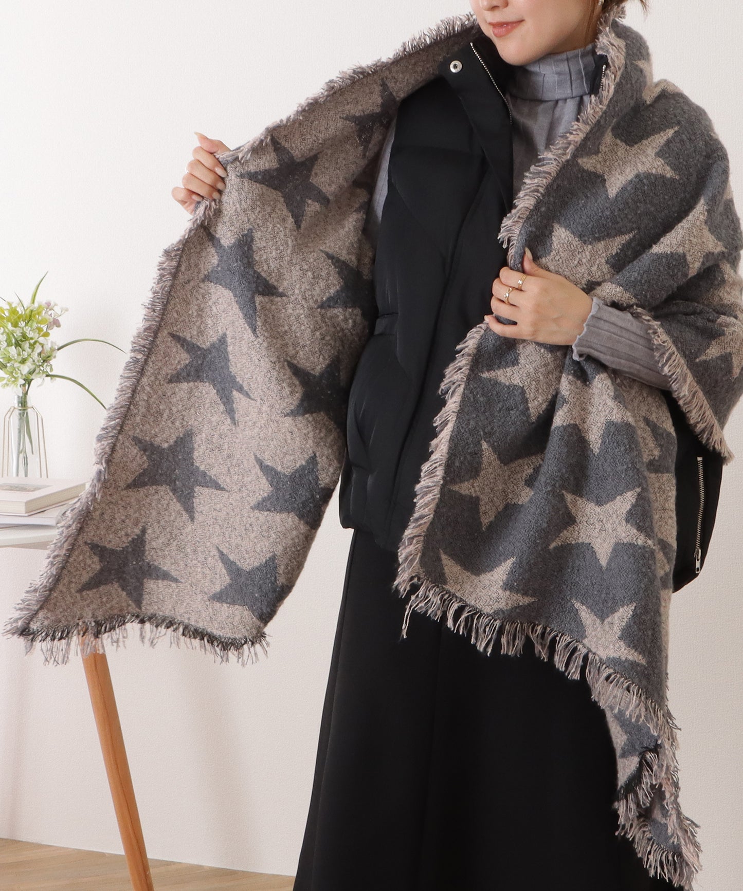 星柄ボリュームフリンジニットマフラー