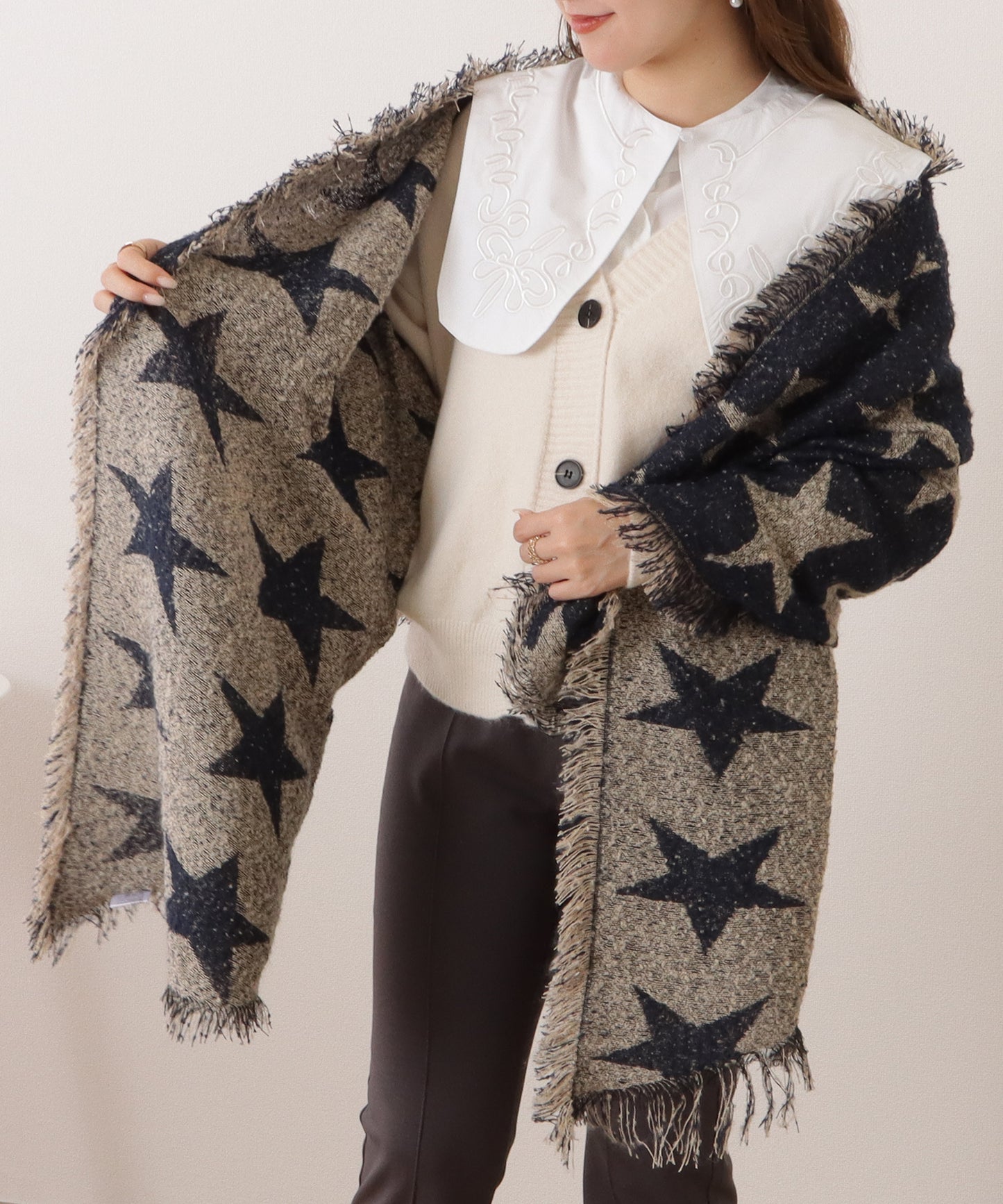 星柄ボリュームフリンジニットマフラー