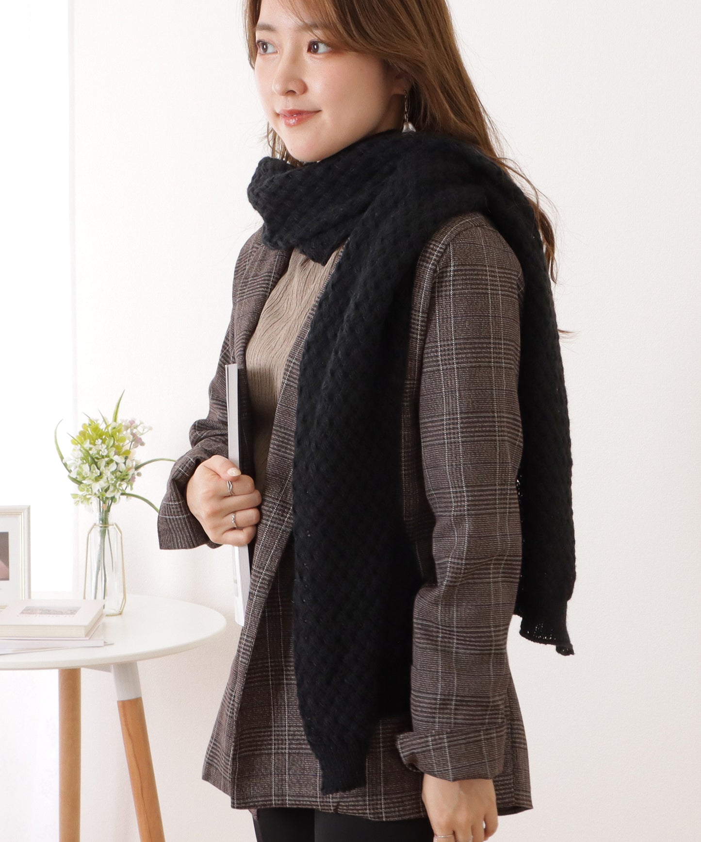 ベーシックカラー凹凸ボリュームニットマフラー