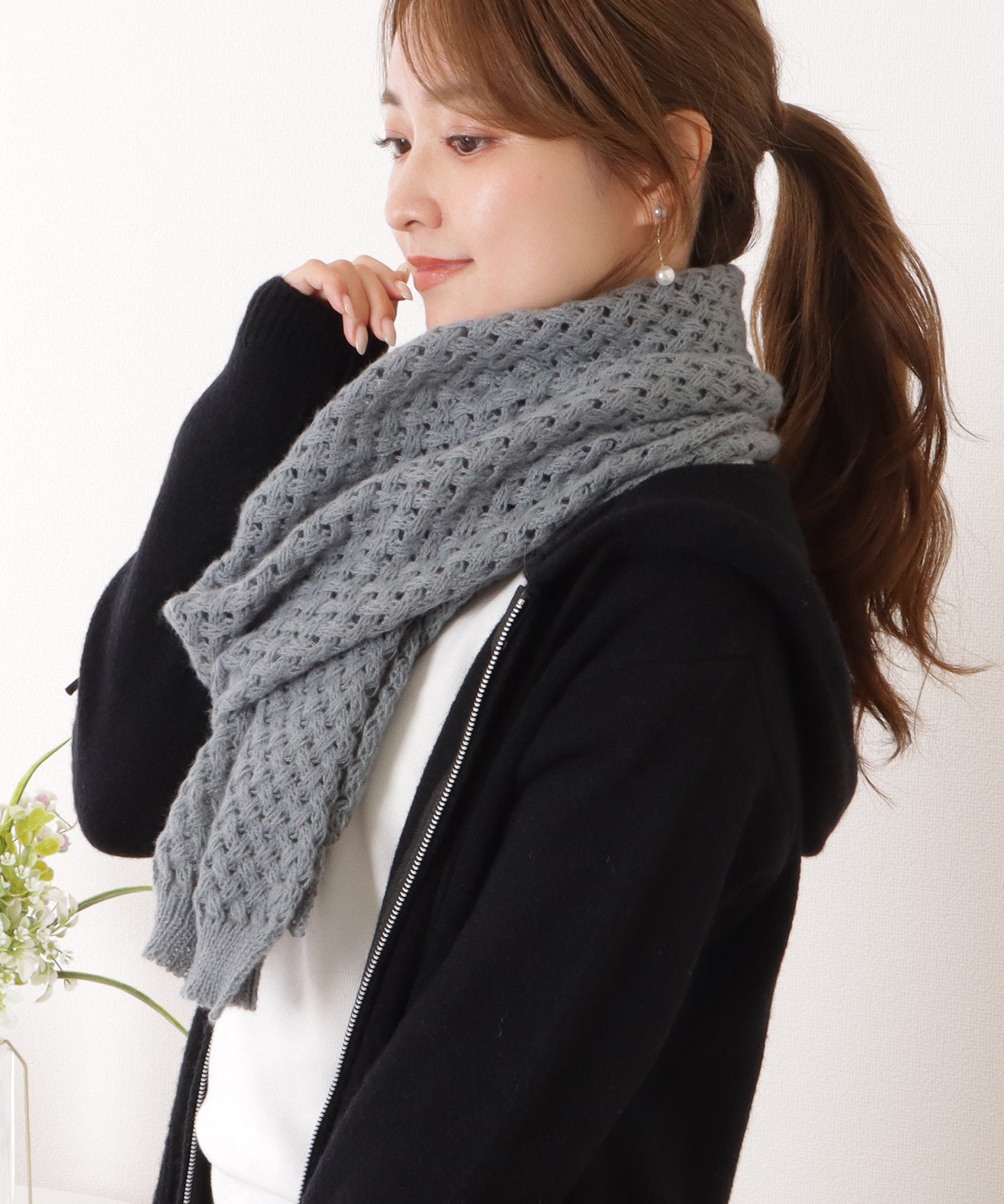 ベーシックカラー凹凸ボリュームニットマフラー