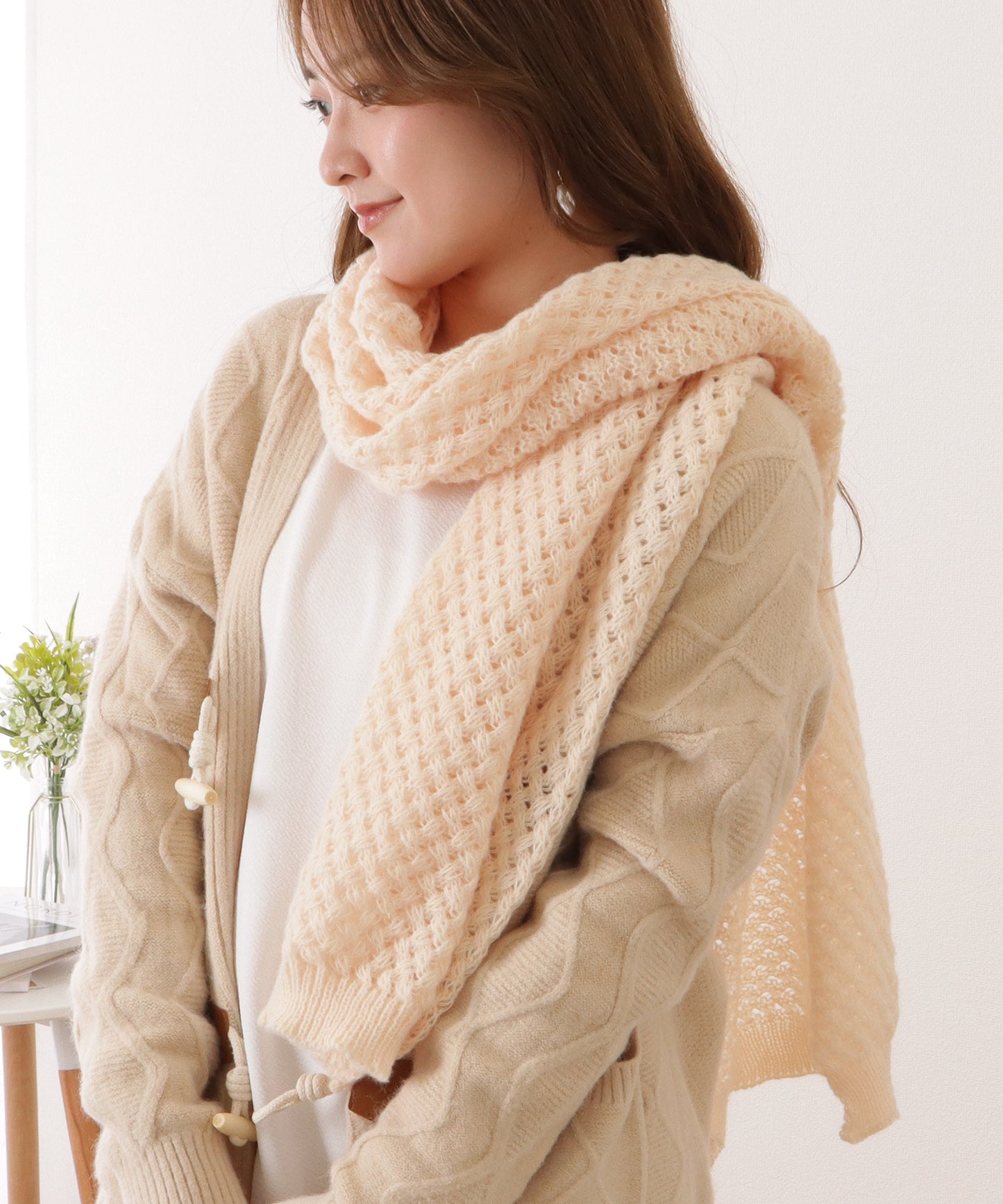 ベーシックカラー凹凸ボリュームニットマフラー