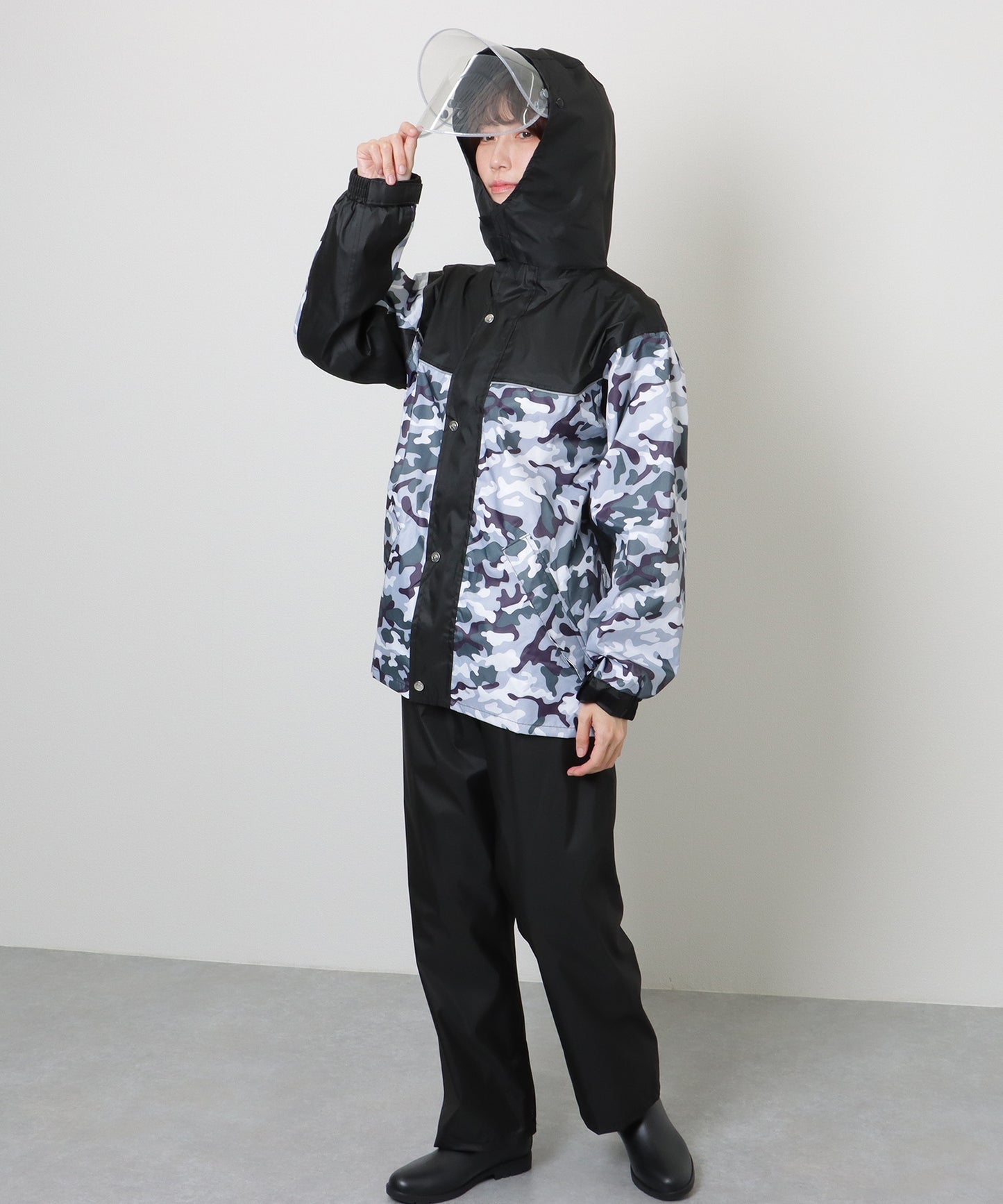 配色 フロントジップ バイザー付き レイン セット