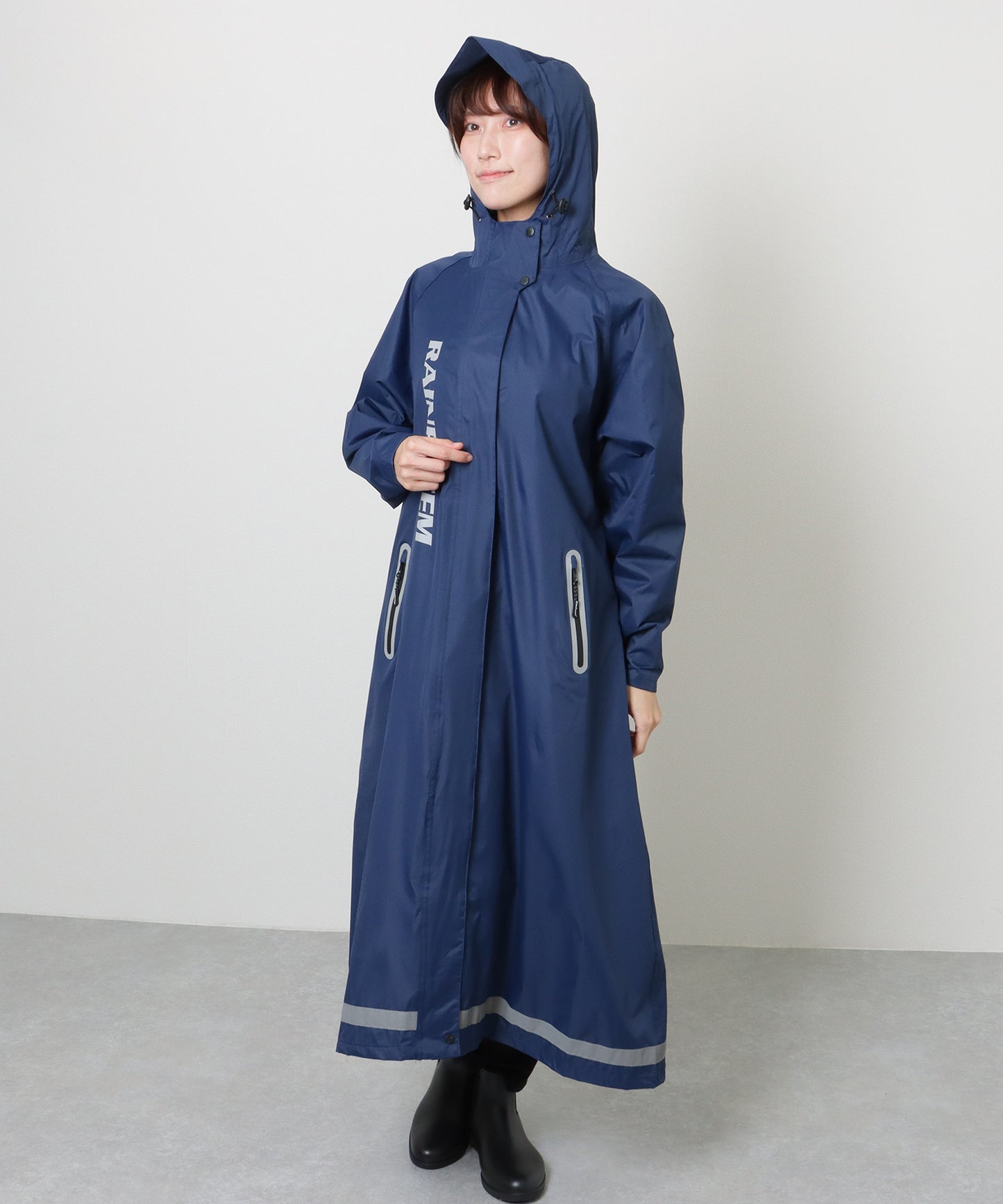 配色 ライン フーデット ロング レインコート