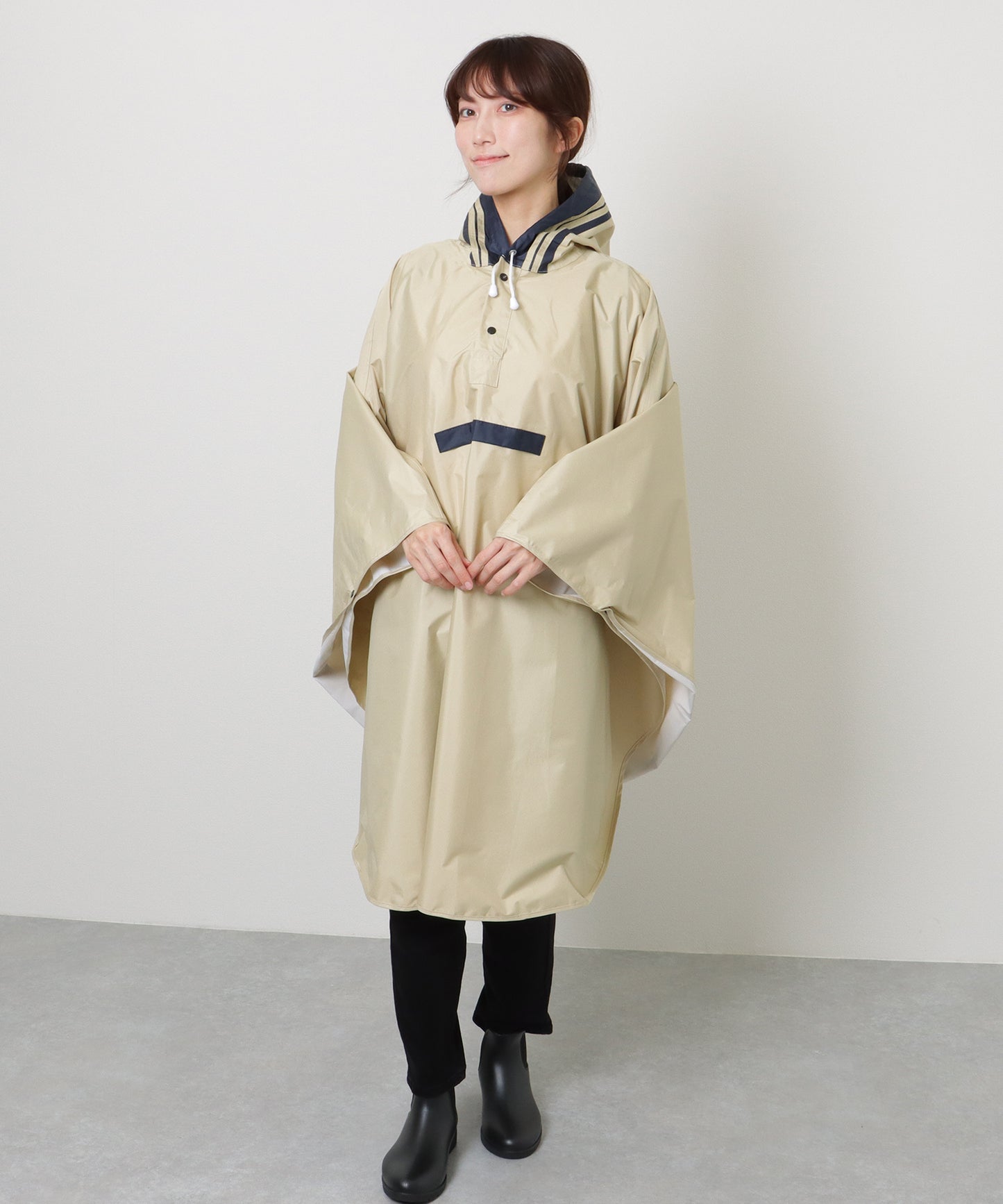 配色 ライン フーデット レイン ポンチョ