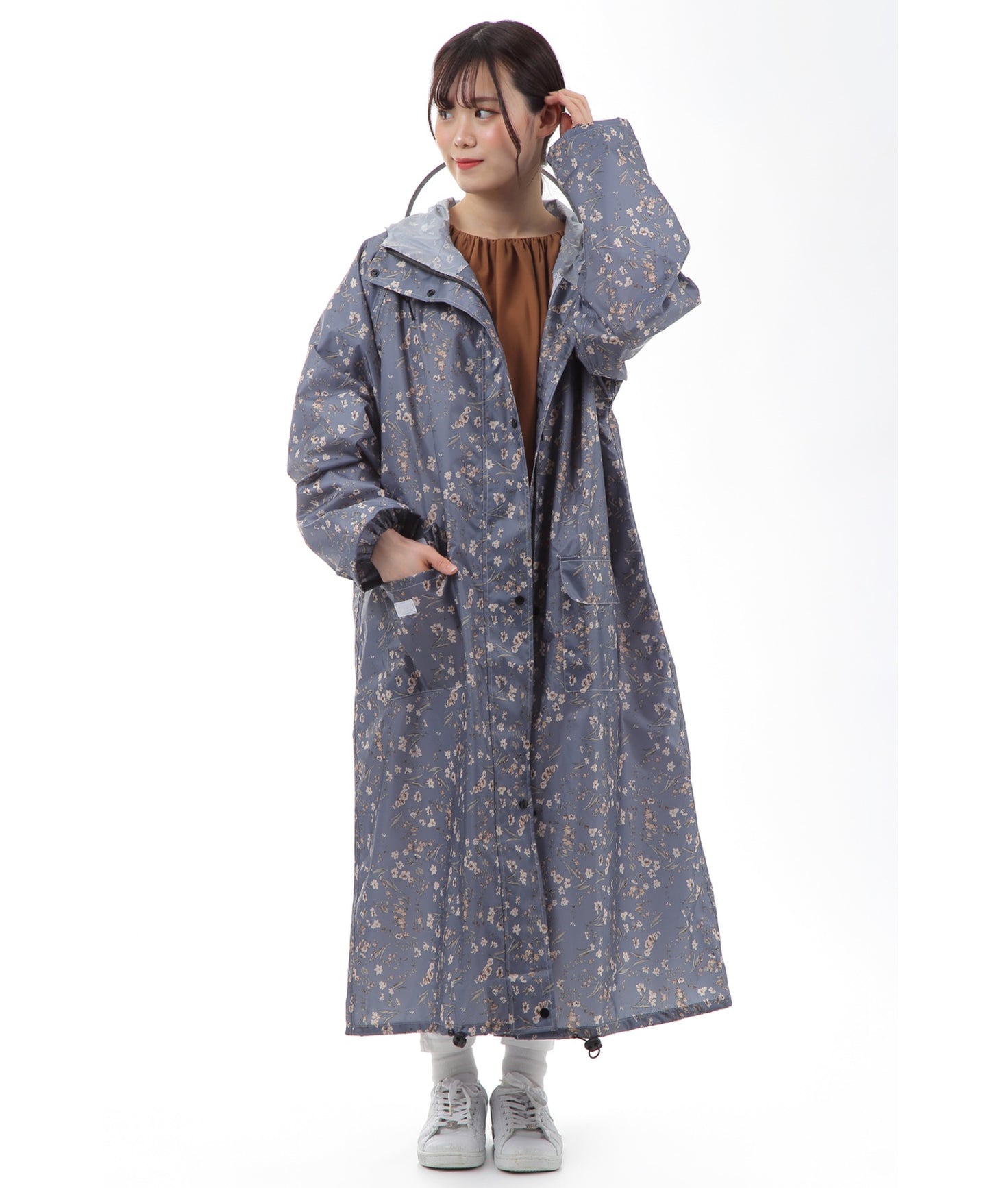 バイザー取り外し可能 小花柄 軽量レインコート