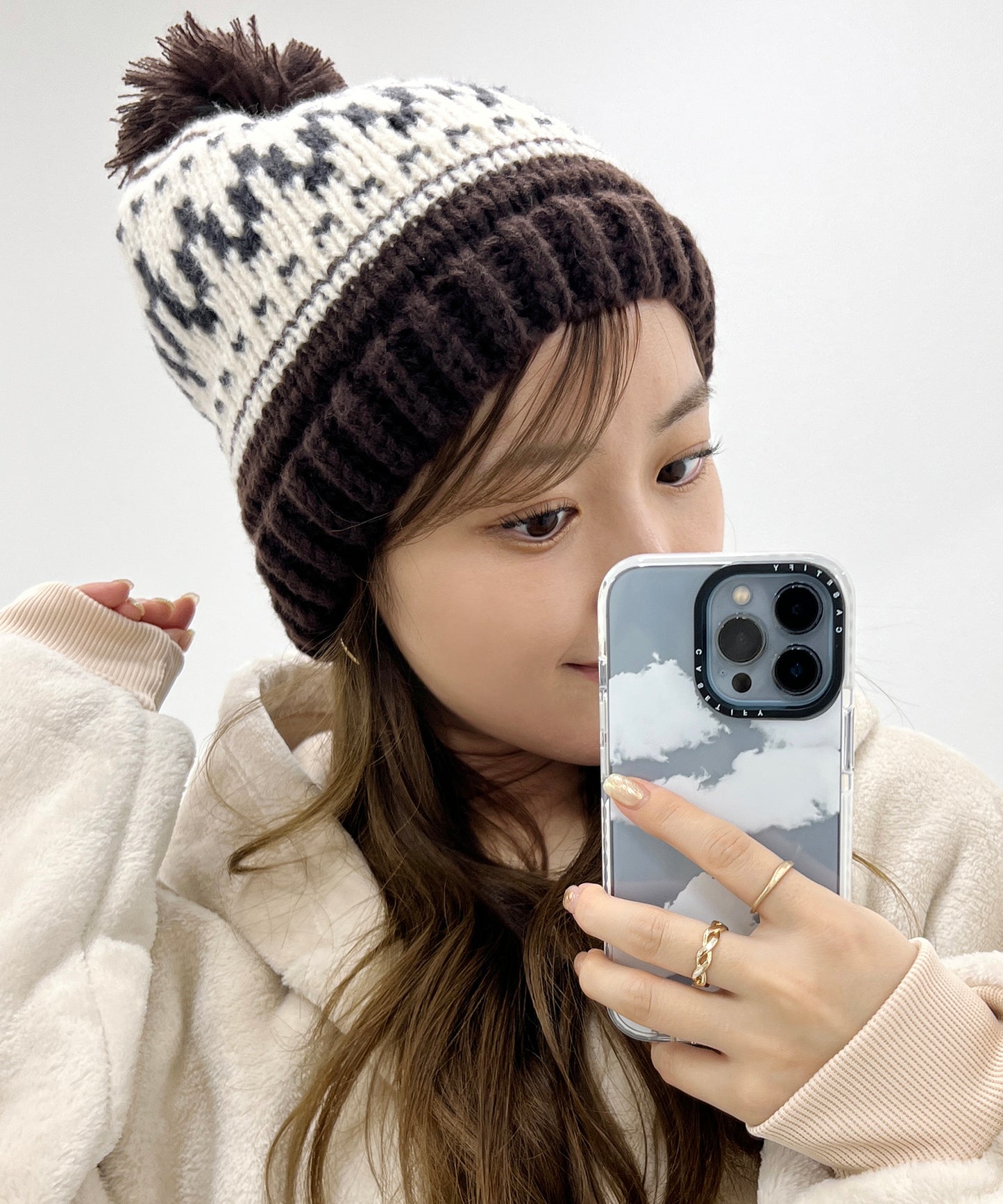 ビッグ ポンポン付き ノルディック柄 ニット キャップ