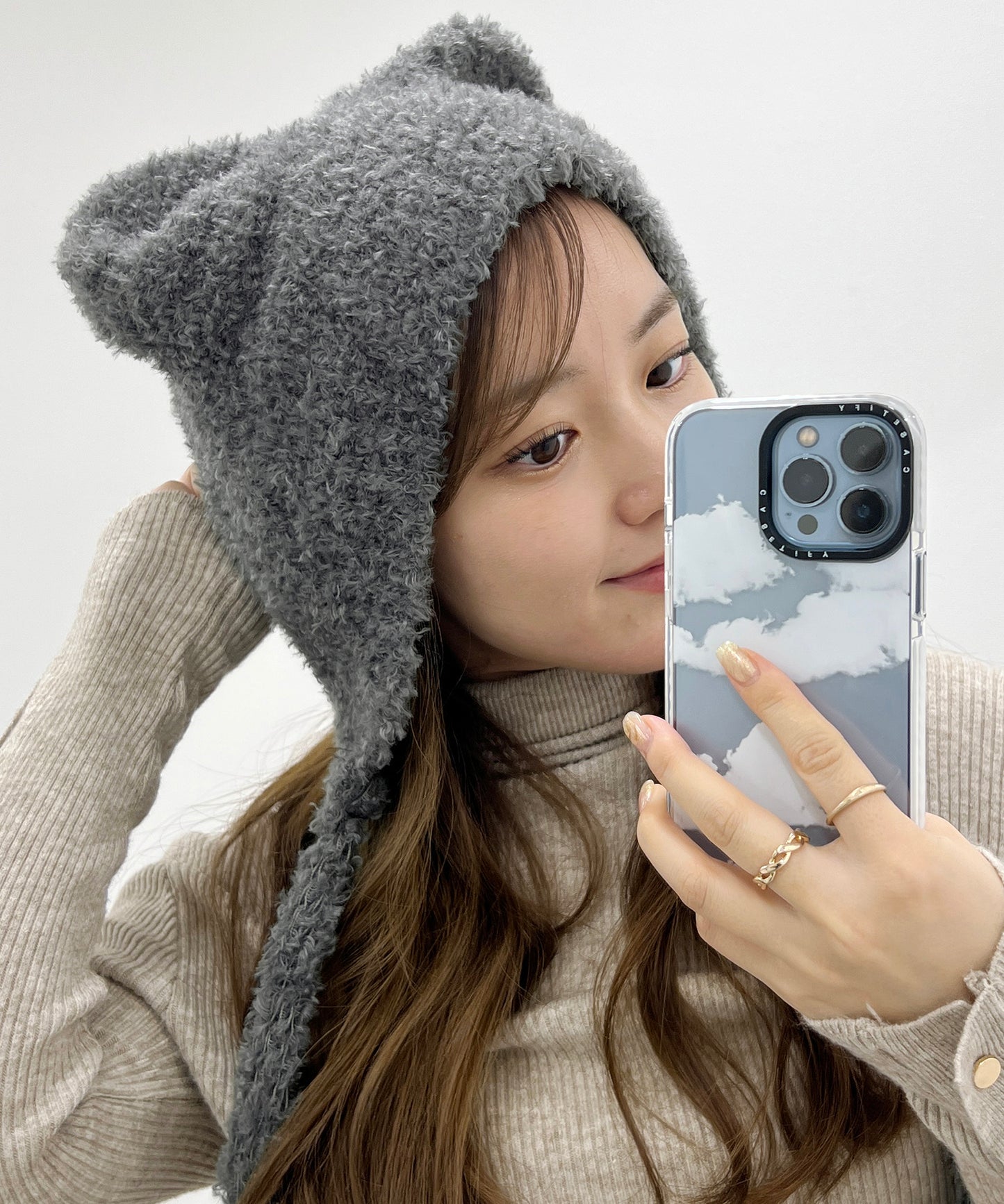 ストラップ付き ベア 耳 ニット キャップ