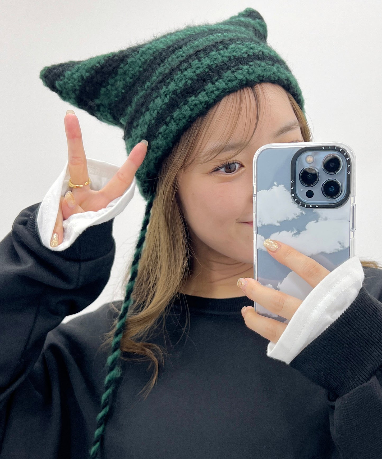 ポンポン付き 配色 ボーダー 猫型 ニット キャップ