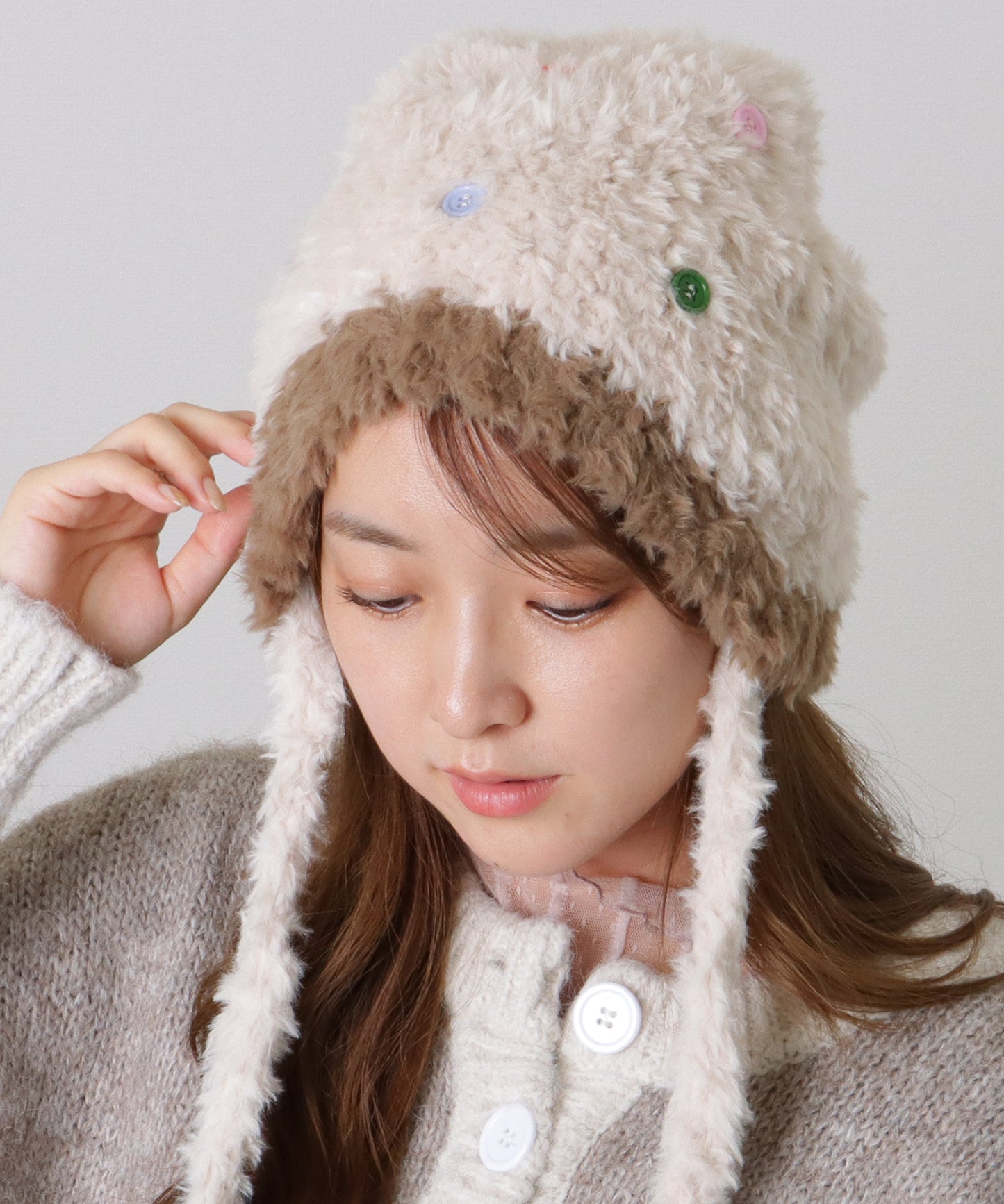 カラフル ボタン 配色 ファー ニット キャップ