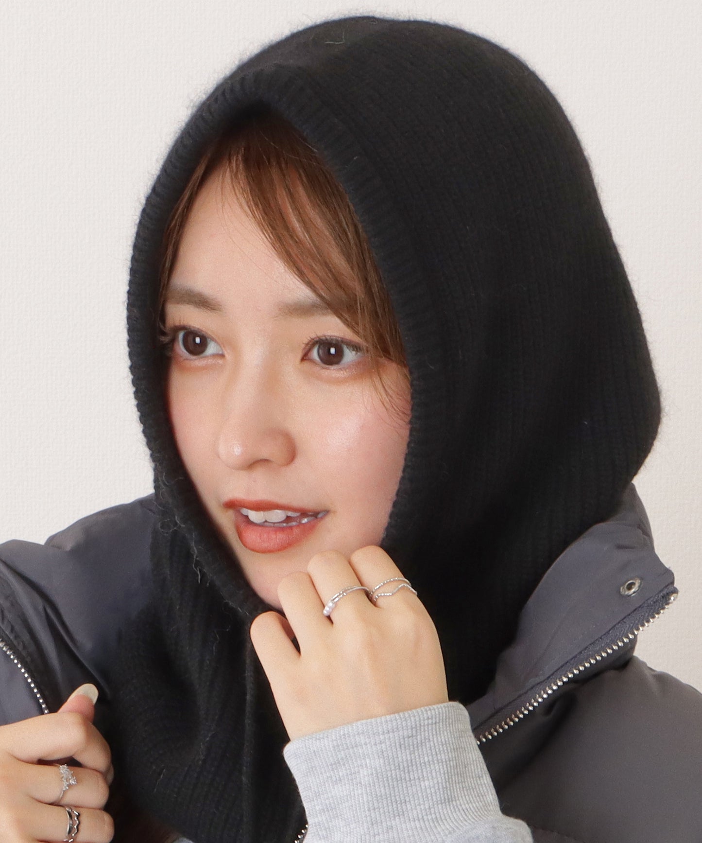 ドロスト紐付きカラーニットシンプルバラクラバ